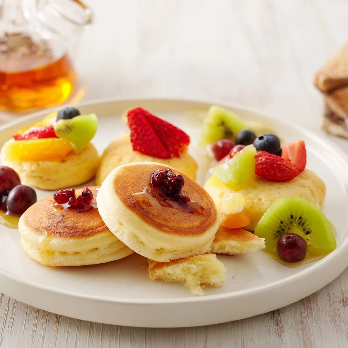 A visually appealing Breakfast Brunch Board Bliss, featuring fluffy mini pancakes and fresh fruit.