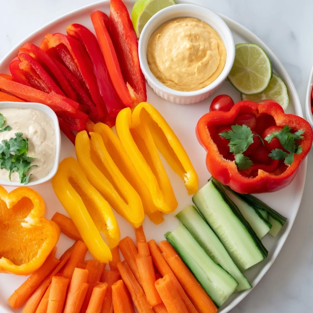 Spicy Chili Pepper Fiesta appetizer platter with colorful peppers and cool dips, a flavorful party starter.