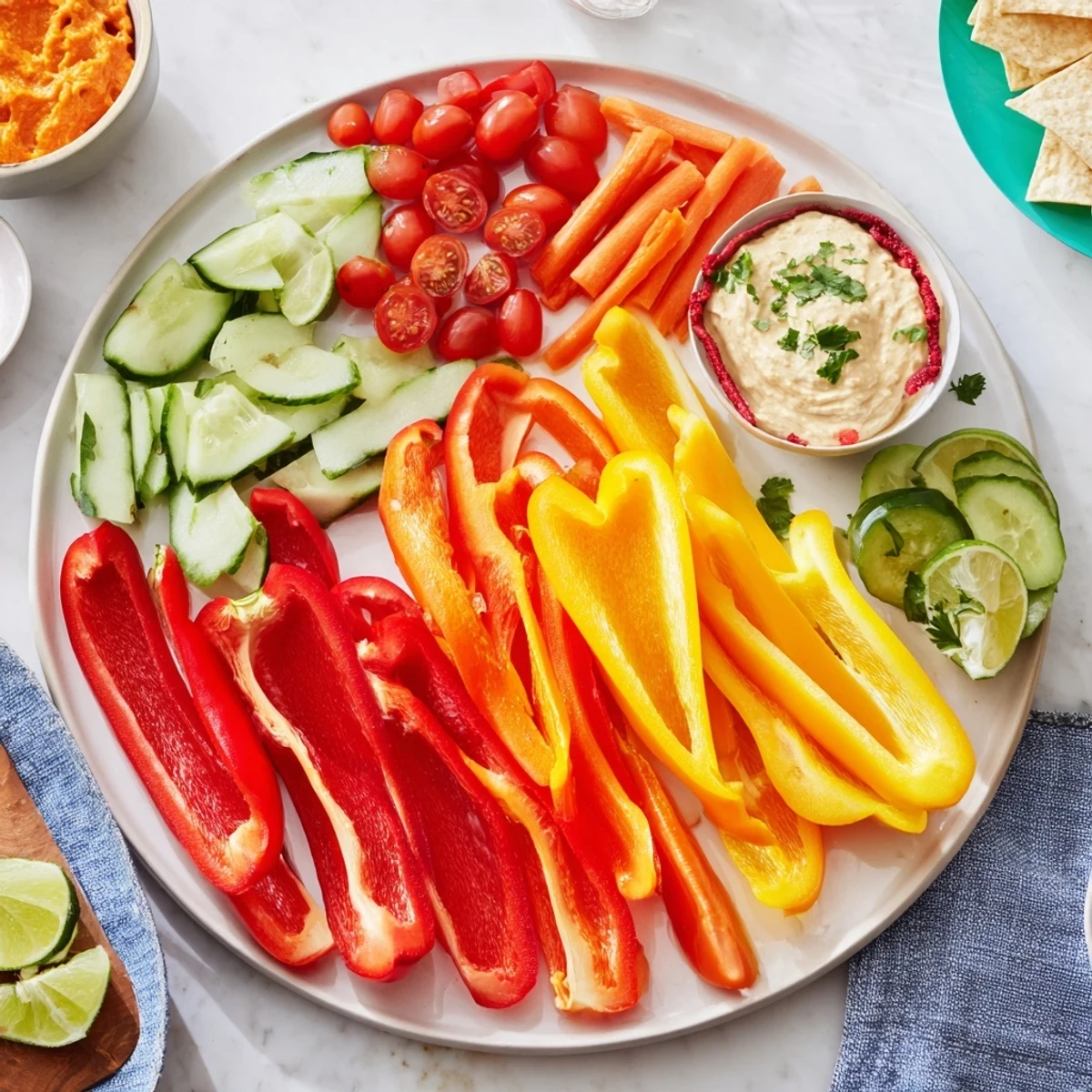 Vibrant Spicy Chili Pepper Fiesta, featuring tortilla chips, carrots, and dips, perfect for sharing and dipping.