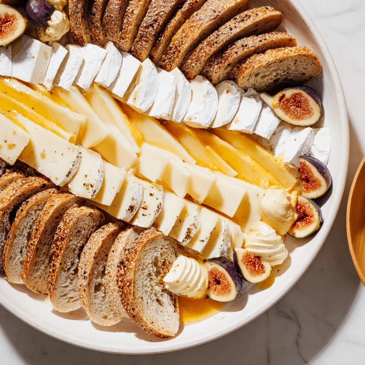 Artisan baguette slices, cheese, and figs create this French Bistro Elegance appetizer's perfect arrangement.