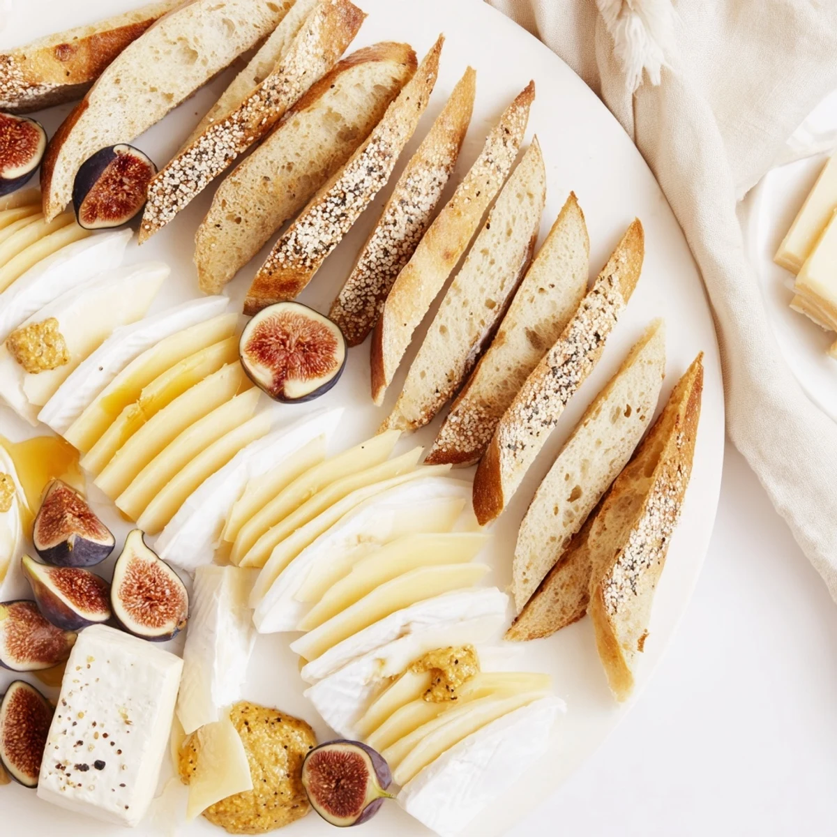 Taste the delightful French Bistro Elegance: creamy cheeses, fresh baguette, and sweet grapes on display.