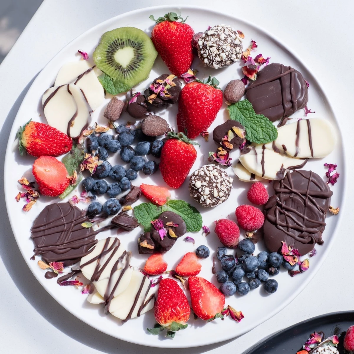A decadent Sweet Dessert Decadence platter, artistically arranged with fresh fruits and melted chocolate.