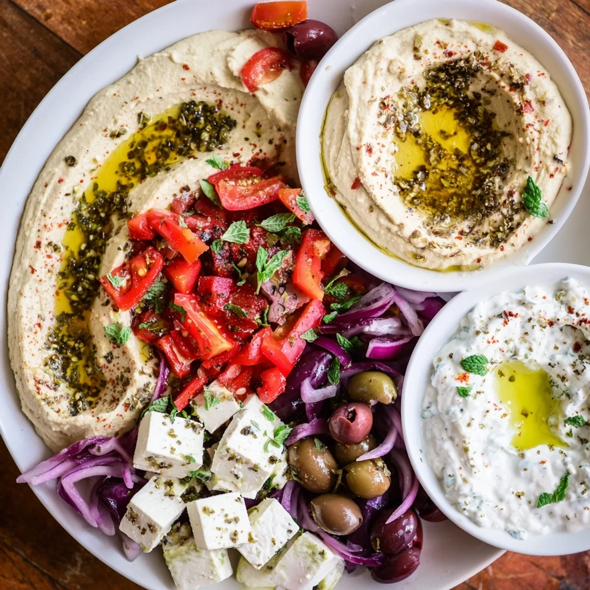 A beautiful Mediterranean Mezza Platter with colorful dips, vegetables, and pita bread ready to share.