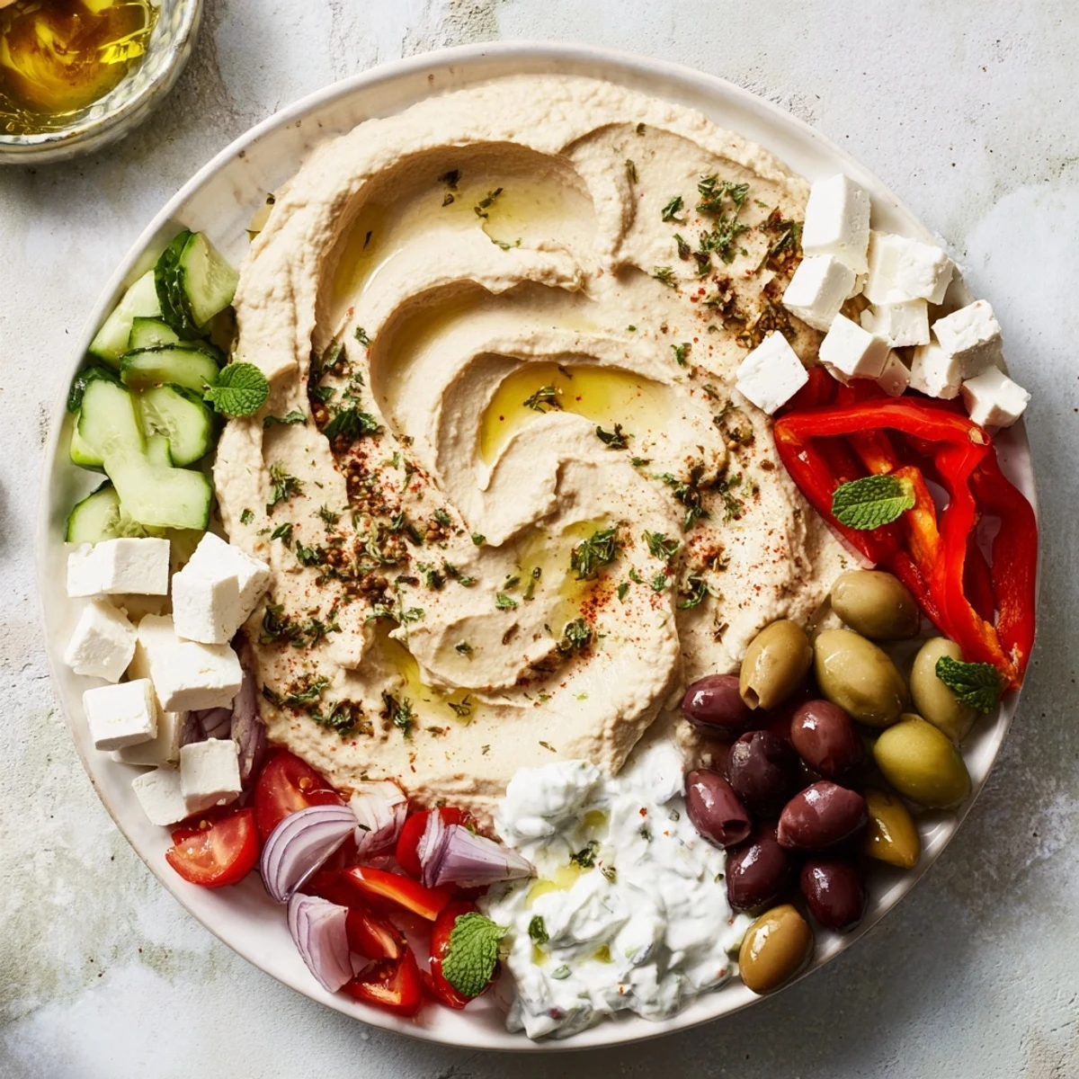 Vibrant Mediterranean Mezza Platter with creamy hummus, feta, and olives, a feast for your taste buds.
