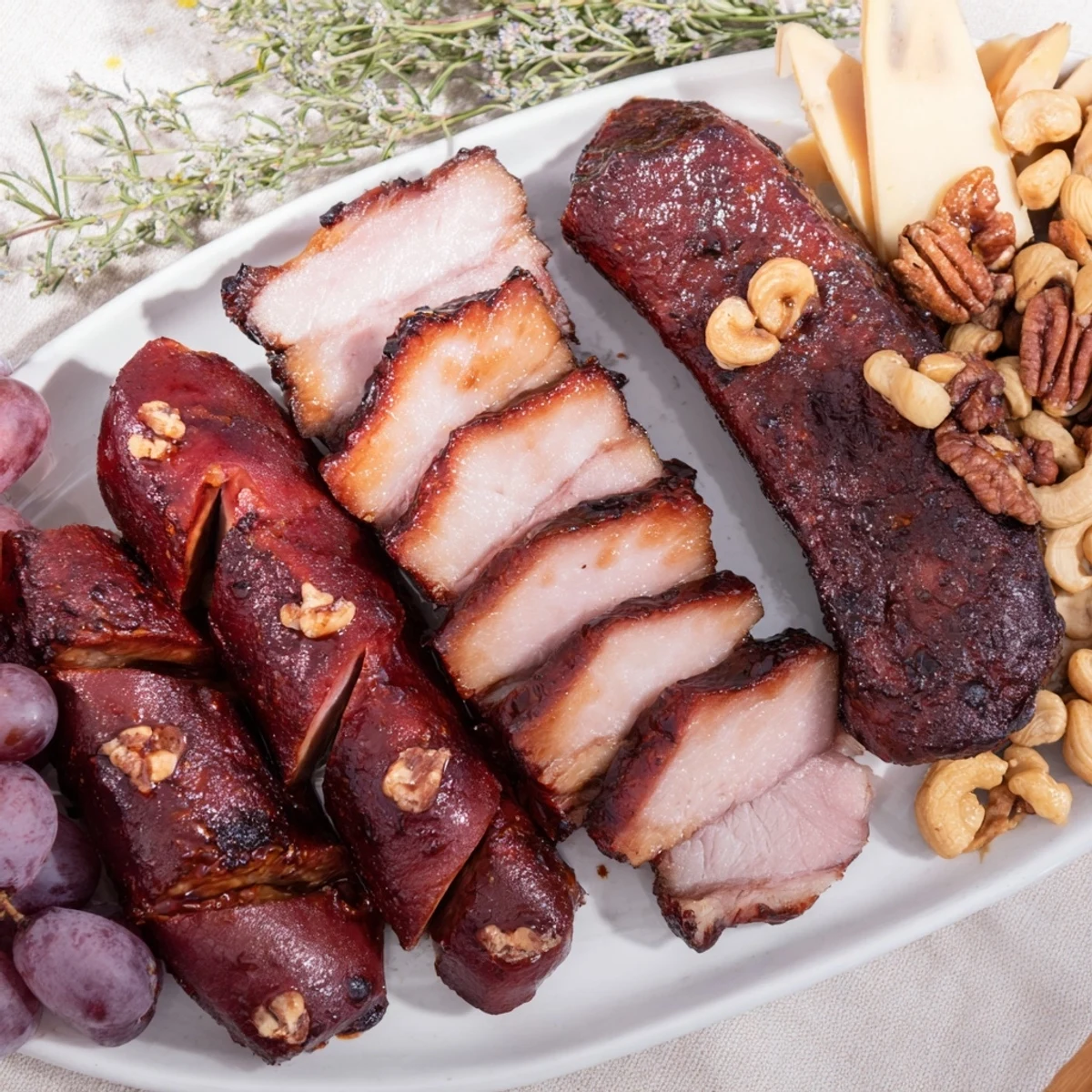 This delicious Smoky BBQ & Bourbon Companion features sliced meats, cheeses, and accompaniments for tasting.