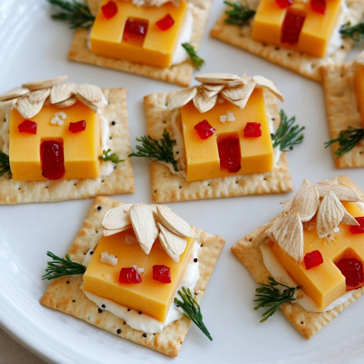 Image Description: A platter displays an edible Alpine Village of cheese houses with almond roofs on crackers.