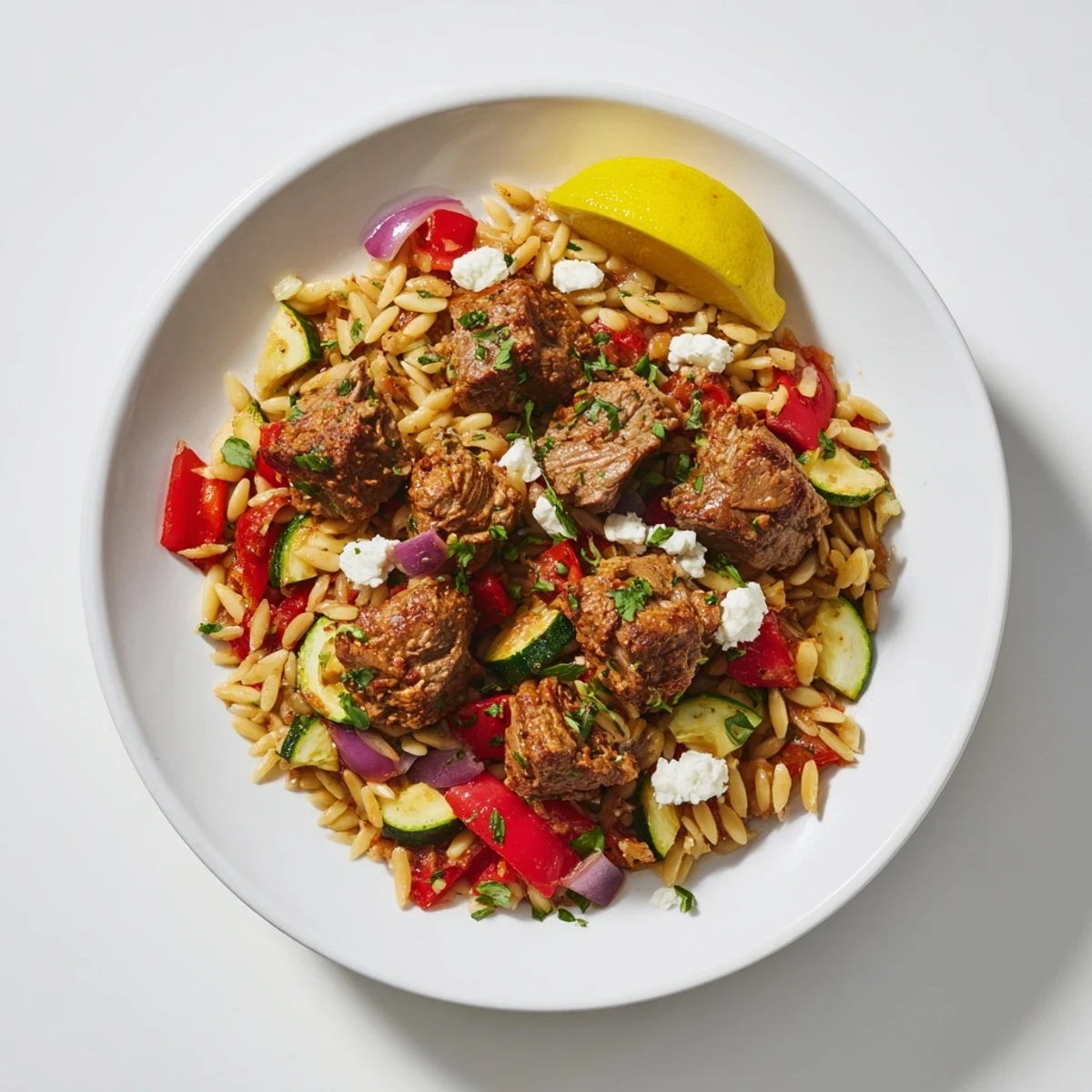 A flavorful picture of Smoky Mediterranean Lamb and Orzo Supper, ready for a delicious dinner.