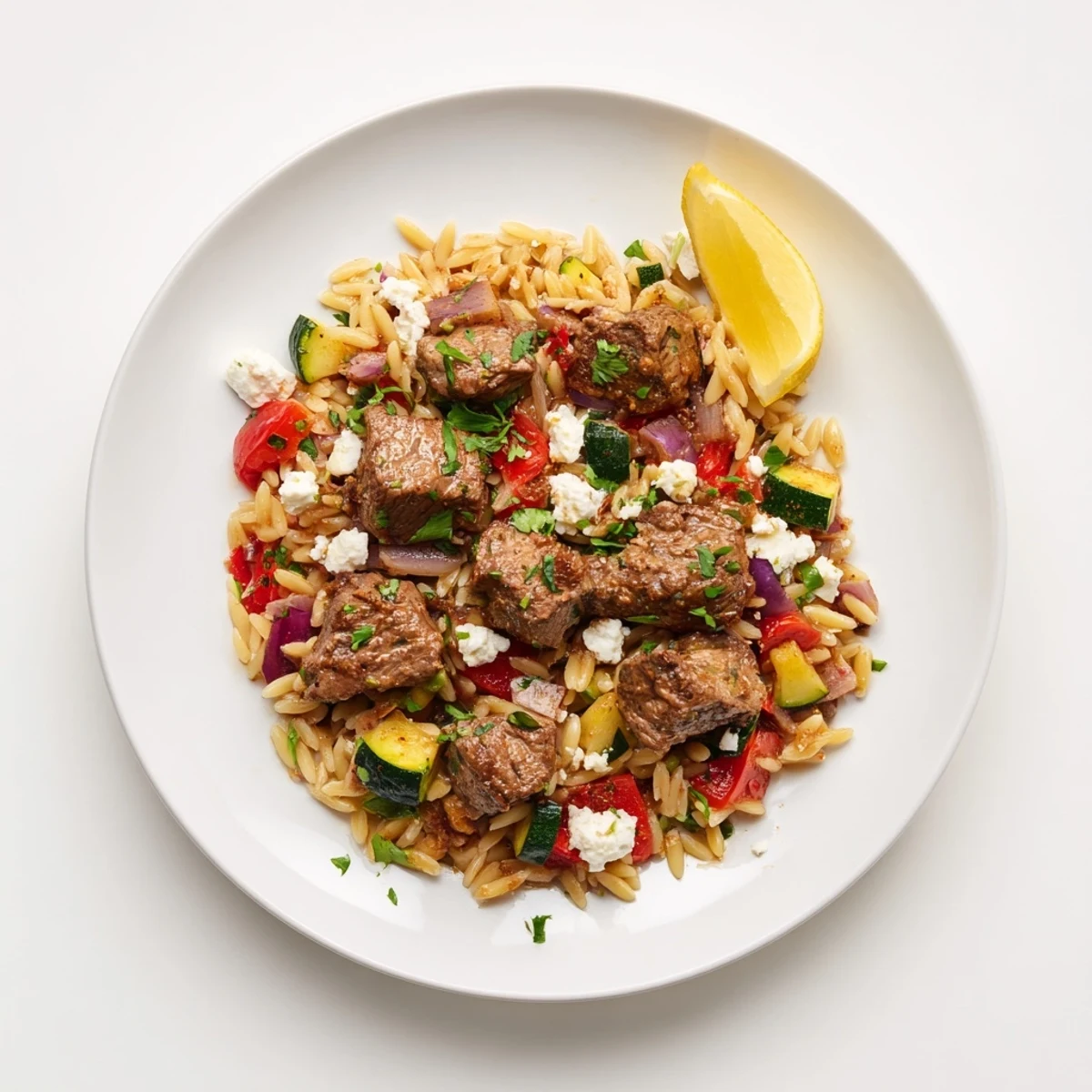 This comforting bowl of Smoky Mediterranean Lamb and Orzo Supper is topped with fresh parsley and feta.