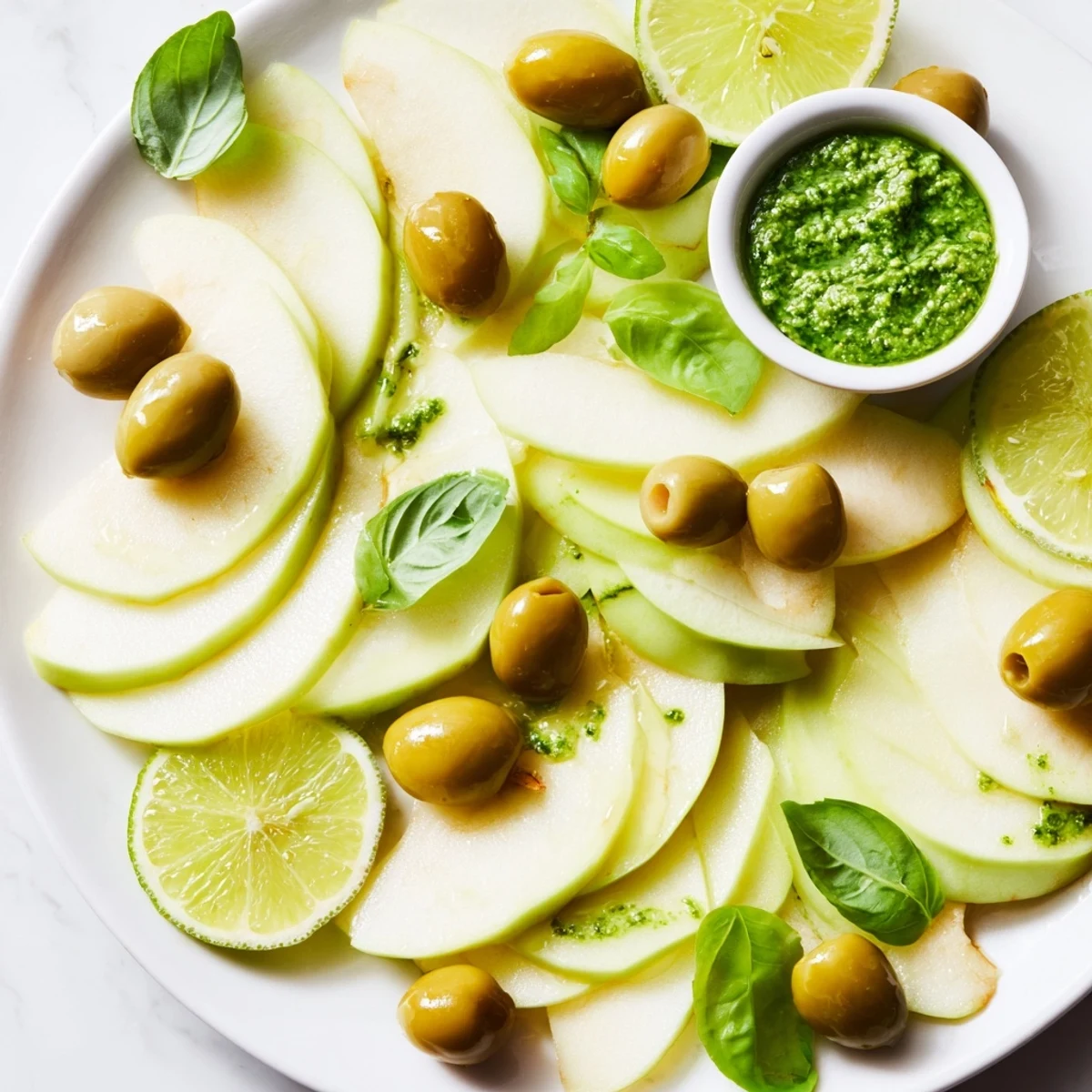Vibrant The Emerald City snack board: Green apples, pesto, limes, and olives create a party-ready, fresh appetizer.