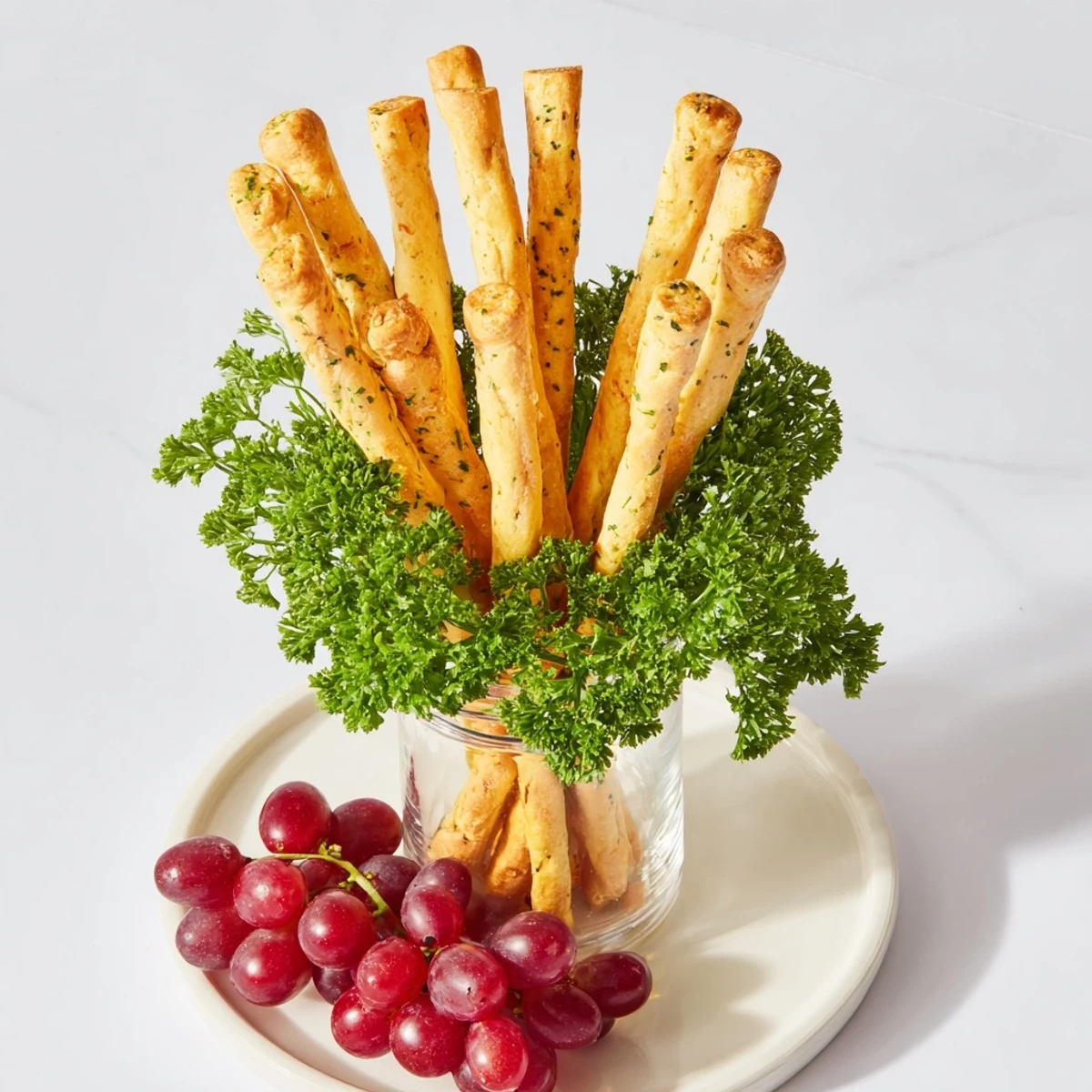 This "Vertical Forest" appetizer displays upright breadsticks surrounded by parsley and sweet grape clusters for guests.