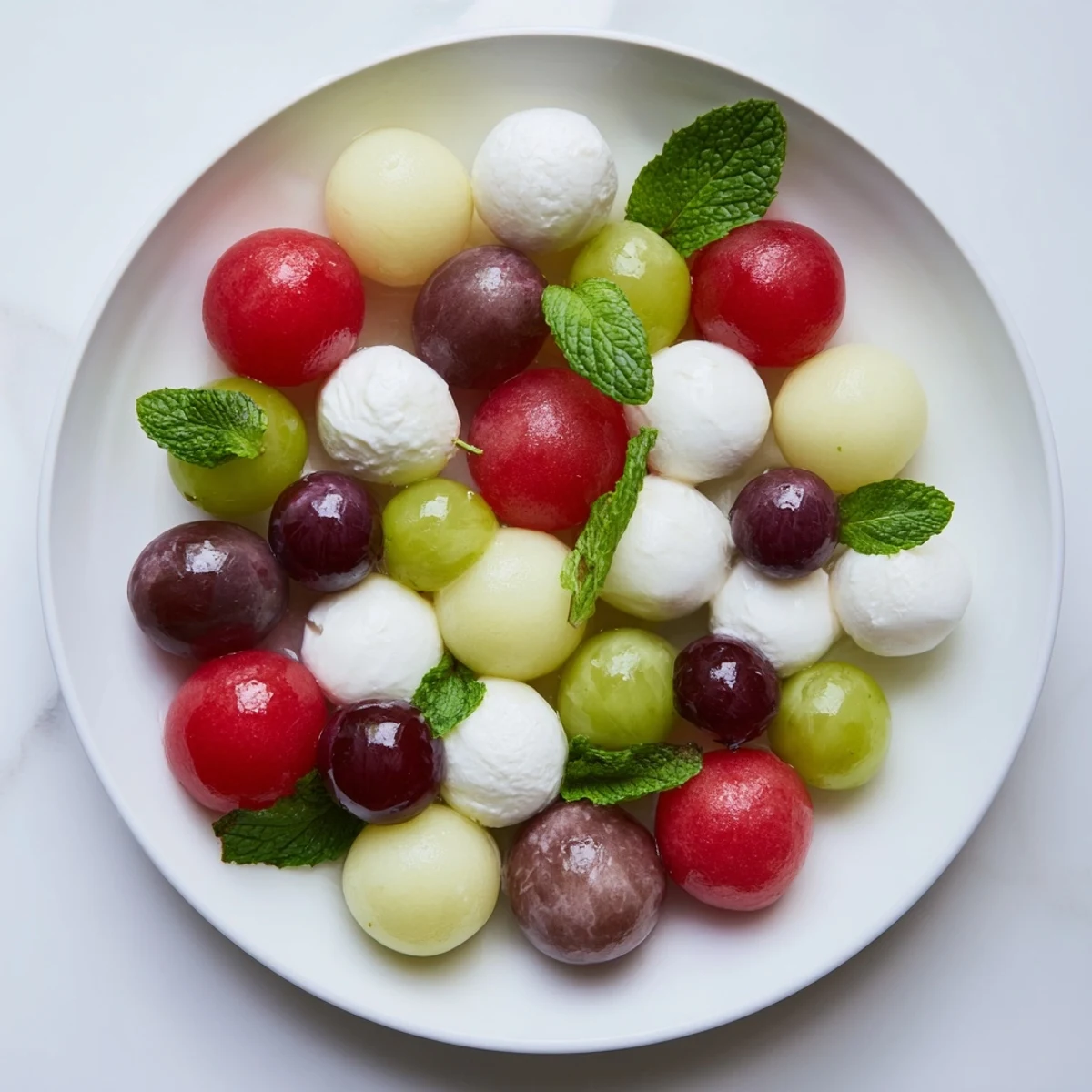 The Polka Dot Platter presents a festive mix of round melon, grapes, and mozzarella balls to enjoy.