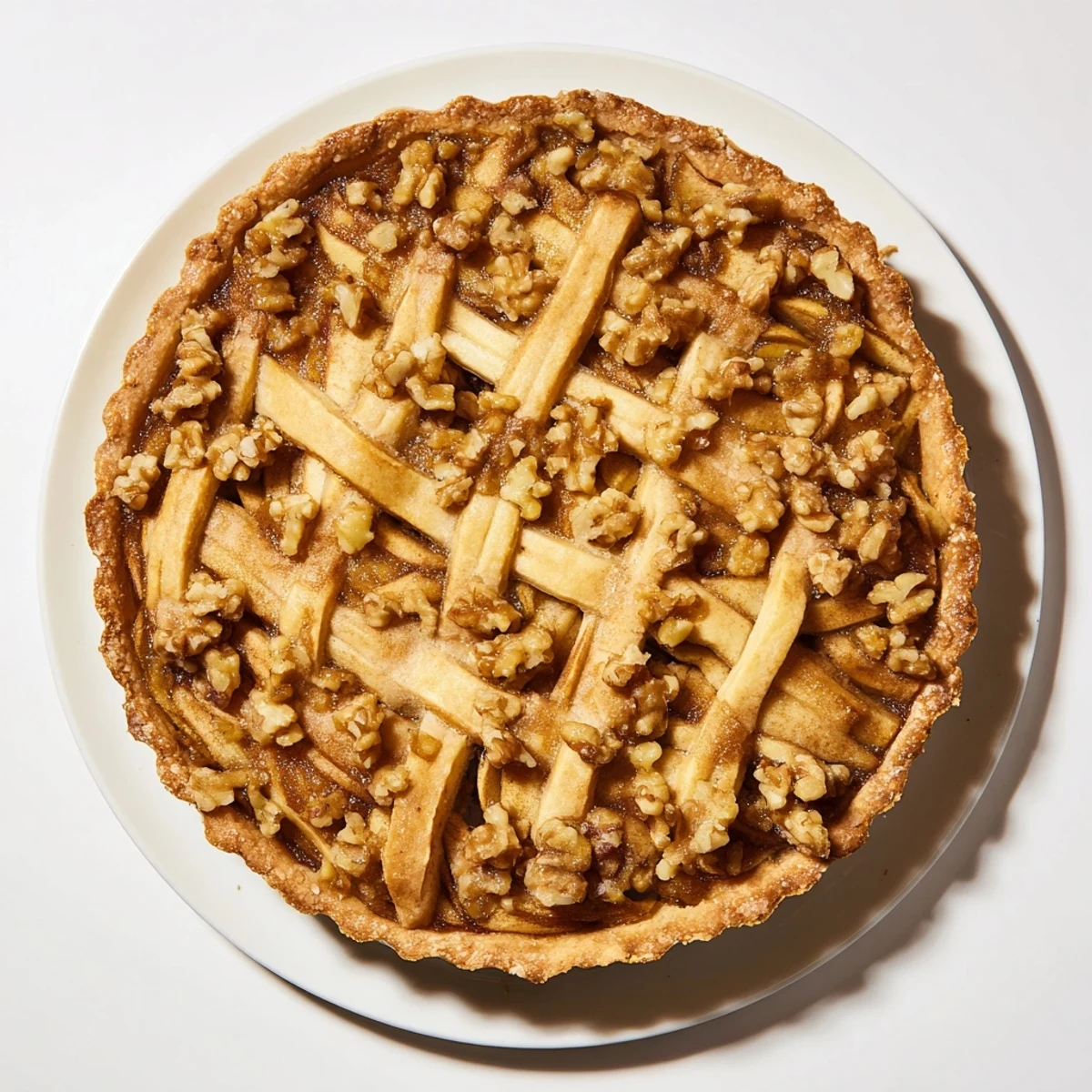 Close-up of a rustic Orchard dessert, showcasing a lattice of caramelized apple slices.