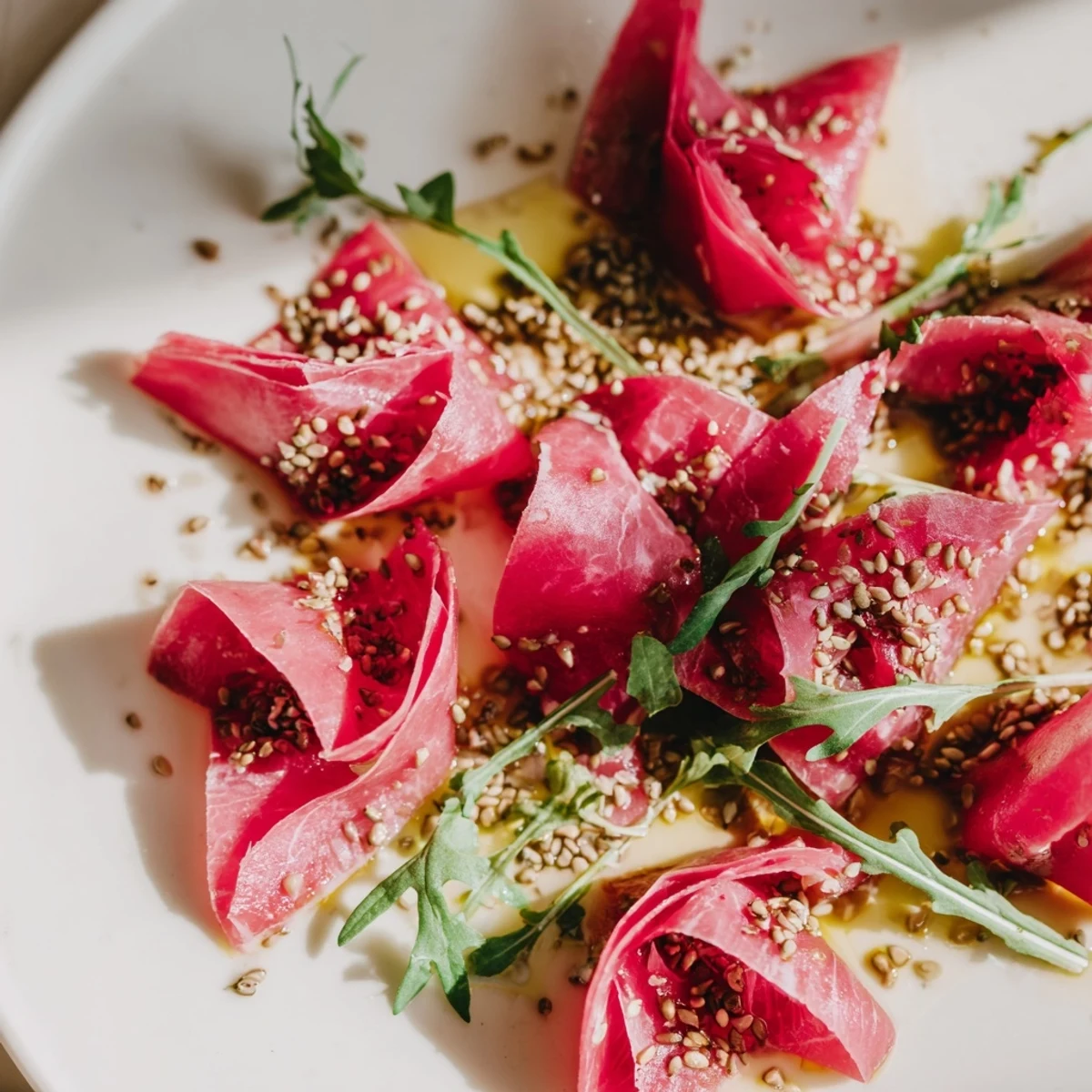 Delicate beef shapes reveal the Origami Fold Beef Appetizer's intricate design, delicious on a platter.