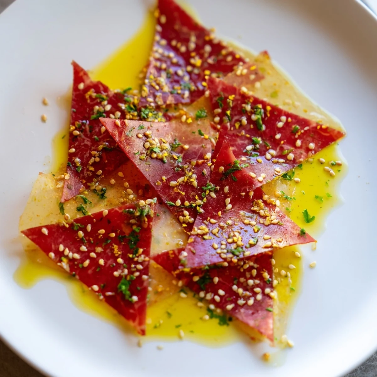 Savory Origami Fold Beef Appetizer, artfully folded and garnished, ready for elegant serving.