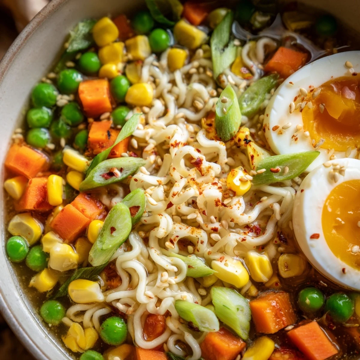 Steaming bowl of Ramen Upgrade with Frozen Peas, garnished with sliced green onions and a soft egg.