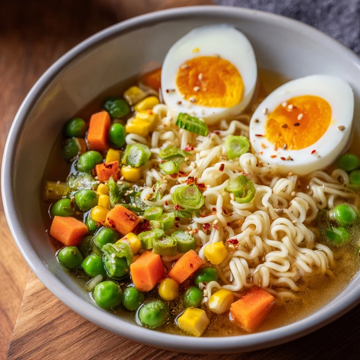 Vibrant image of a freshly prepared Ramen Upgrade with Frozen Peas, bursting with colorful vegetables and flavor.