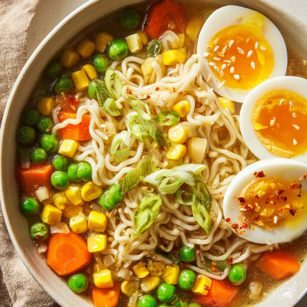 Close-up shot of hot Ramen Upgrade with Frozen Peas, with visible noodles and a rich, savory broth.
