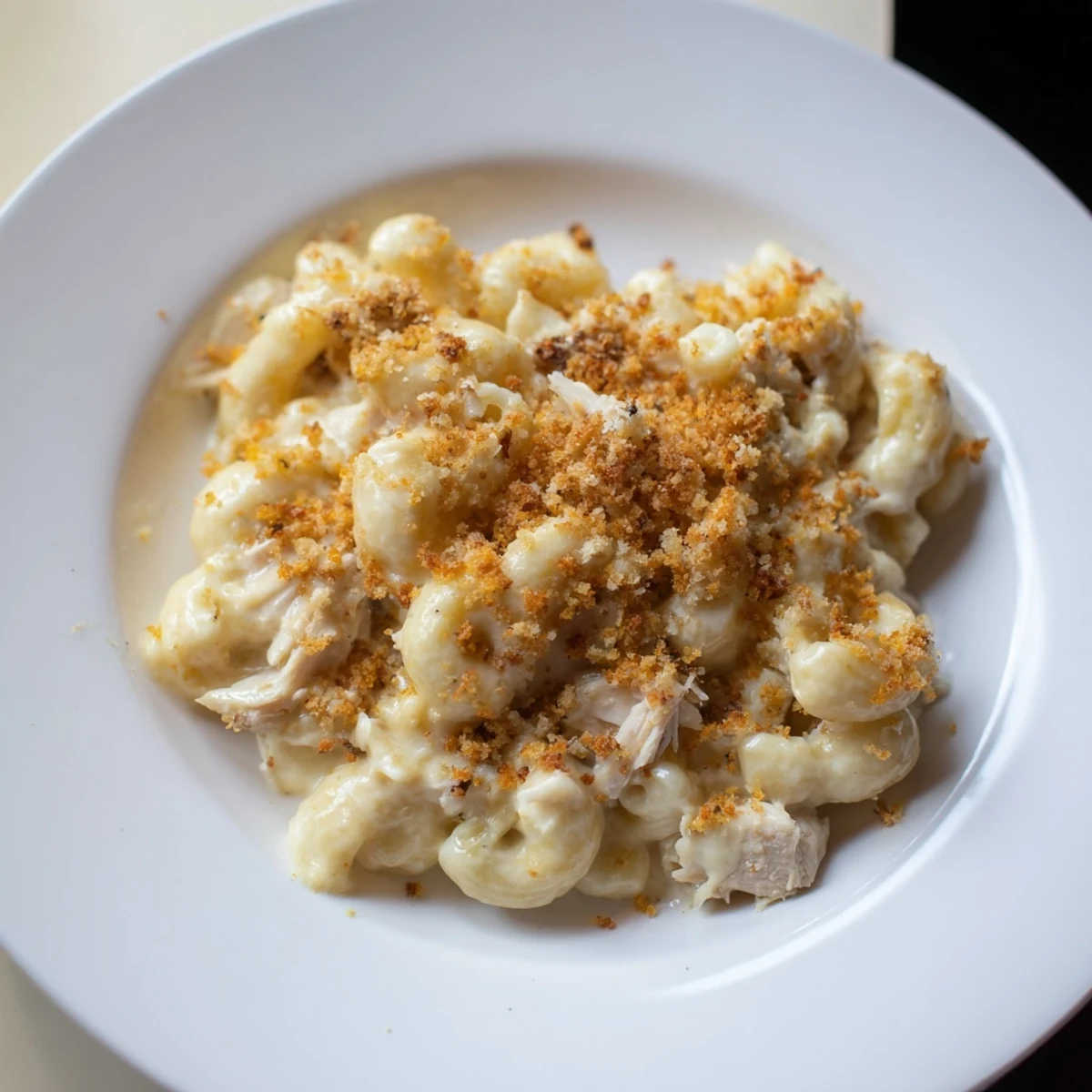 Golden, bubbly Struggle Meal Chicken Macaroni bake, smelling savory, perfect for a cozy weeknight dinner.