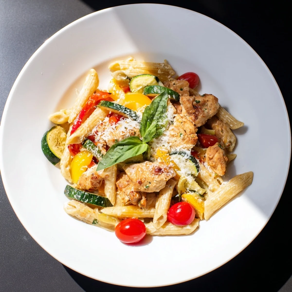 Steaming 5-4-3-2-1 Pasta Primavera, a colorful pasta dish with chicken and fresh vegetables, ready to eat.