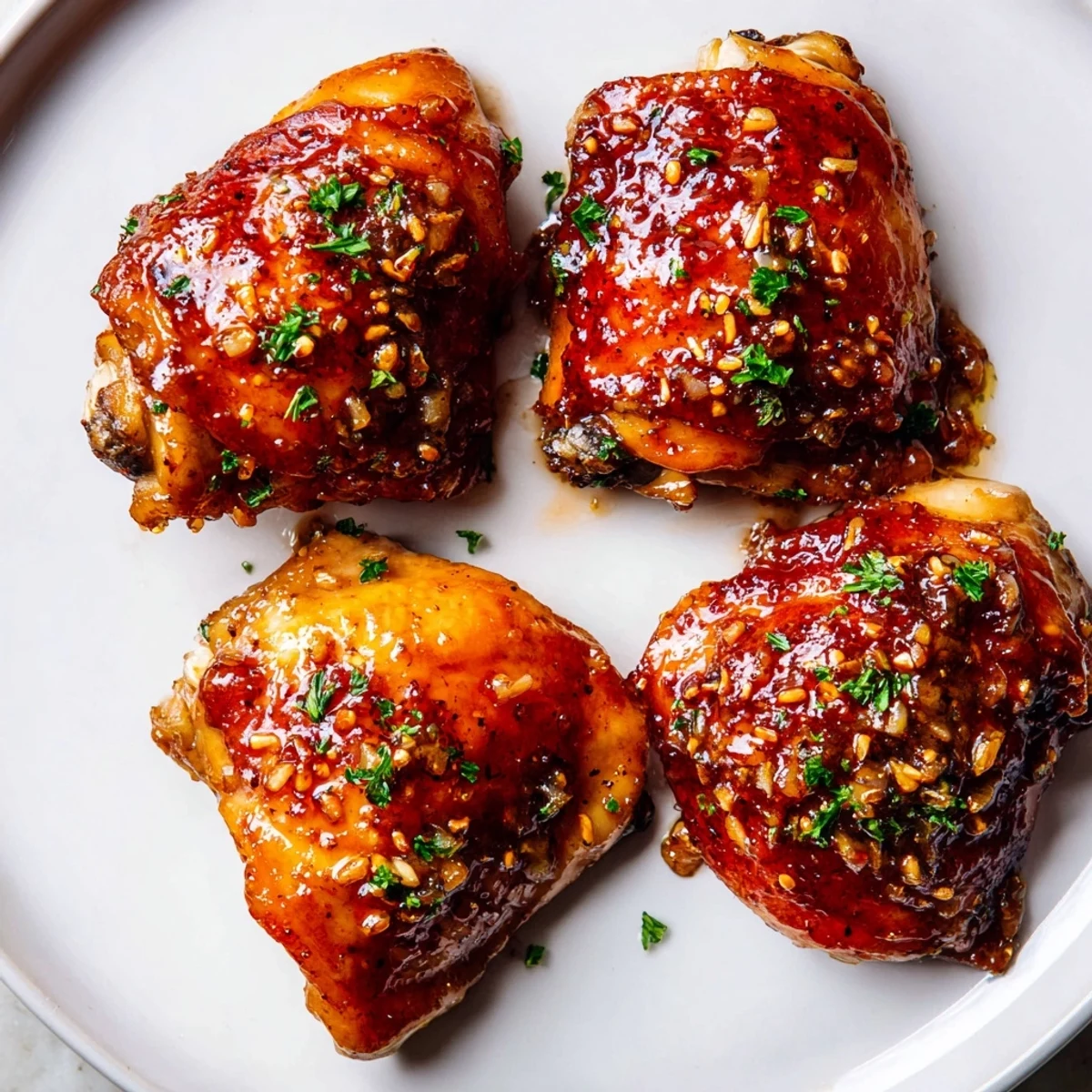 Golden-brown Jam in Coffee Style Glazed Chicken thighs glistening with a sweet, smoky glaze, ready to serve alongside parsley.