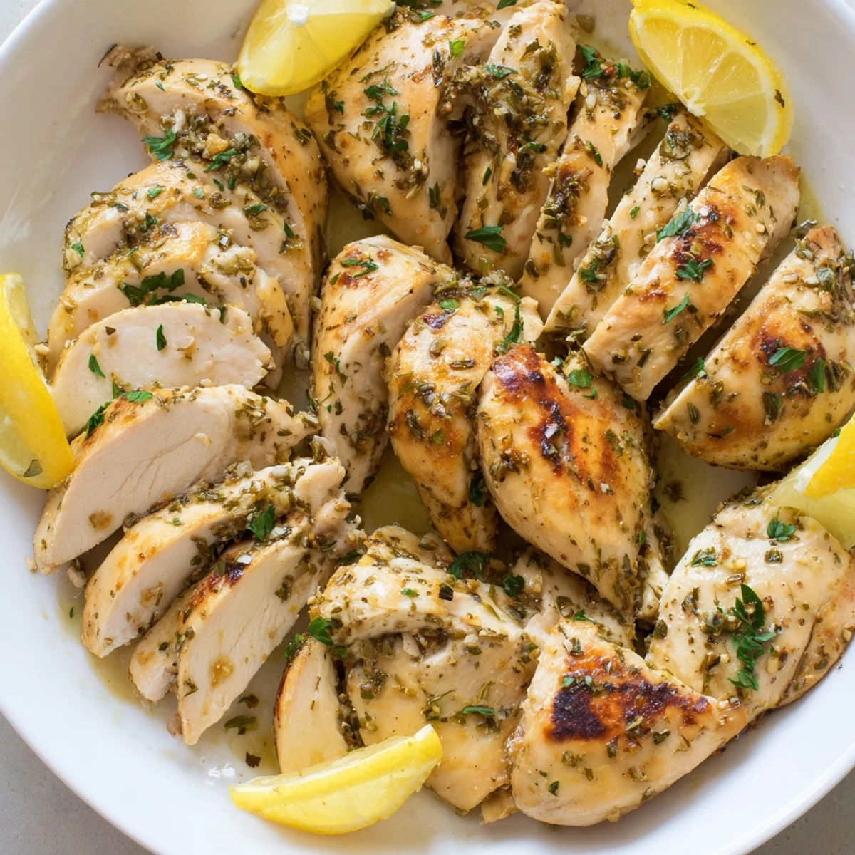 A close-up of delicious, juicy Greek Lemon Herb Chicken, baked until perfectly tender and flavorful.