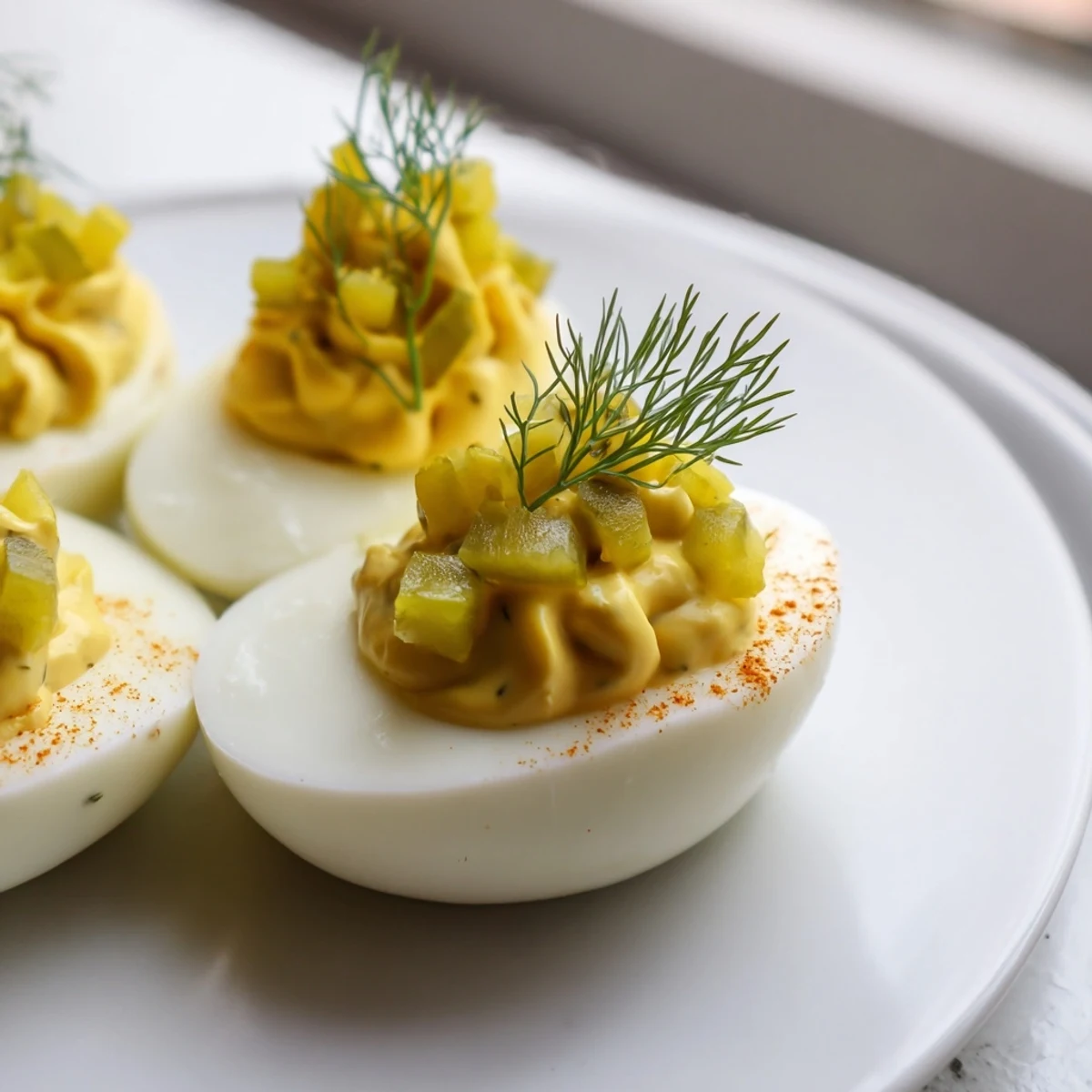 Creamy Dill Pickle Deviled Eggs: A close-up of tasty, homemade appetizer with dill garnish.