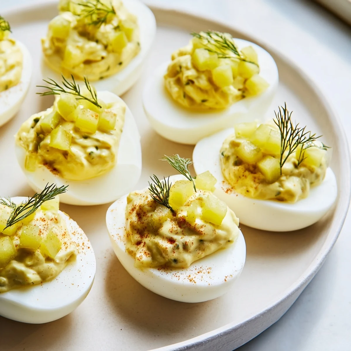 Tangy Dill Pickle Deviled Eggs topped with fresh dill, perfect for a picnic or party spread.