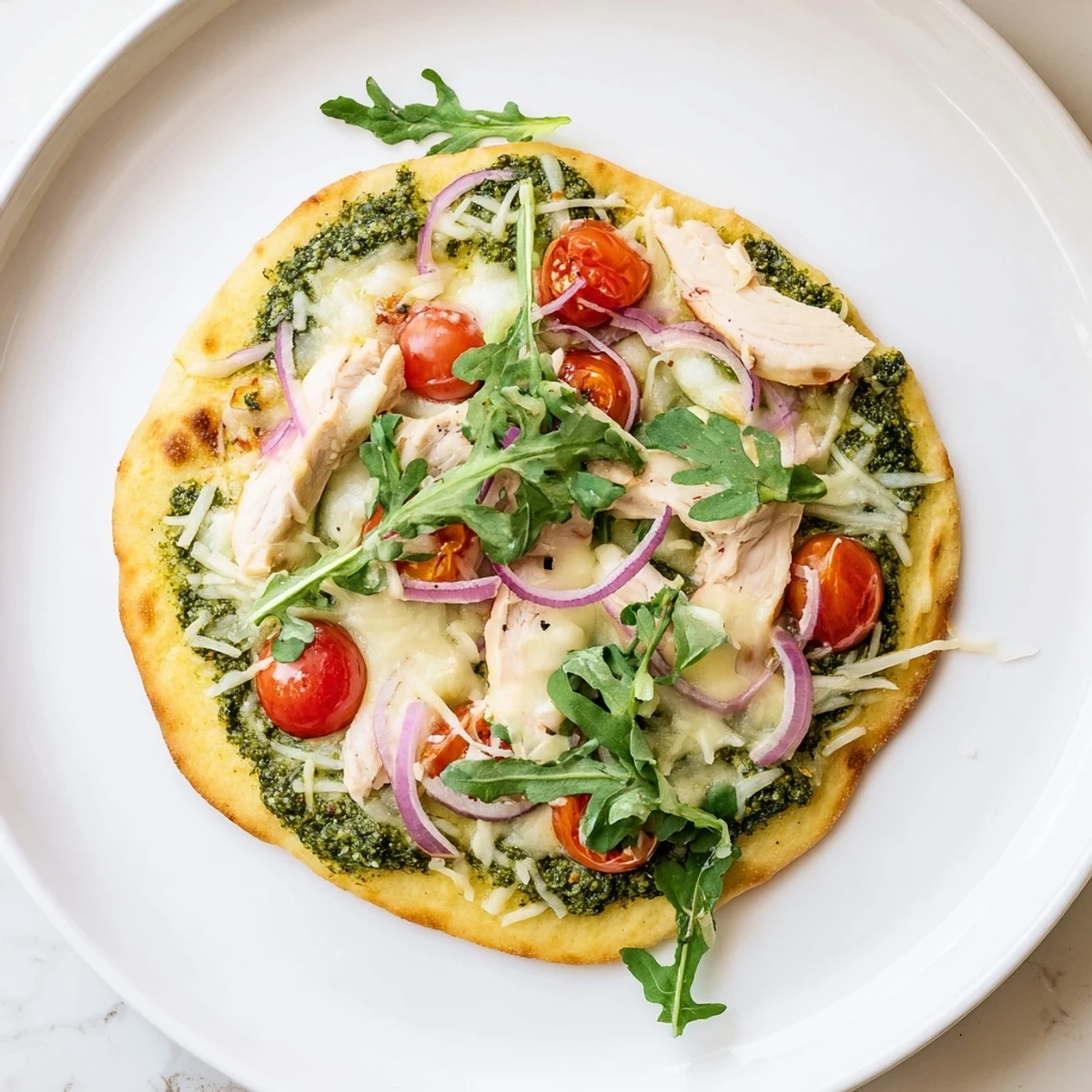 Golden-brown Pesto Chicken Flatbread with melty mozzarella and juicy tomatoes, ready to eat.