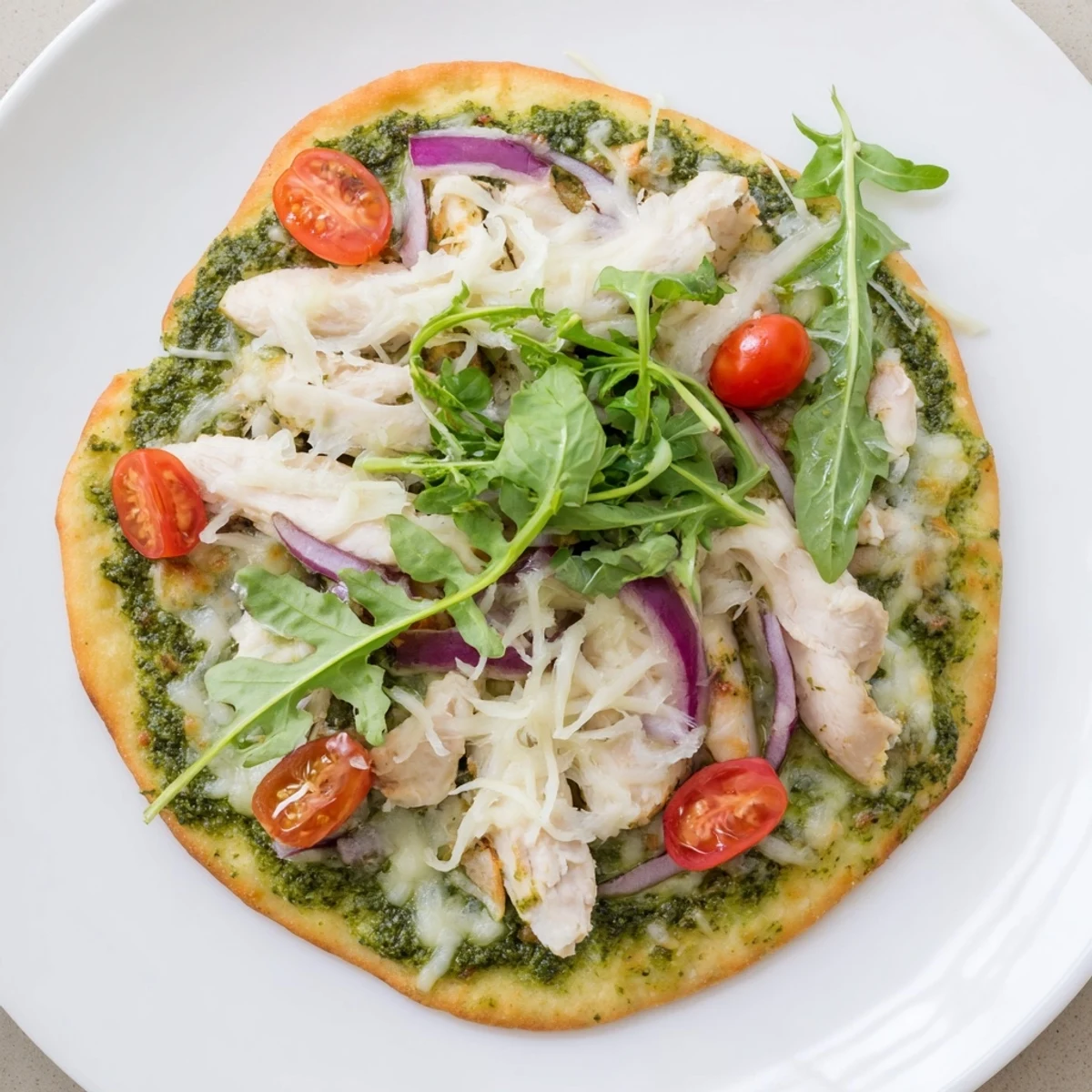 Imagine the aroma: a delightful Pesto Chicken Flatbread with fresh basil and perfectly cooked chicken.