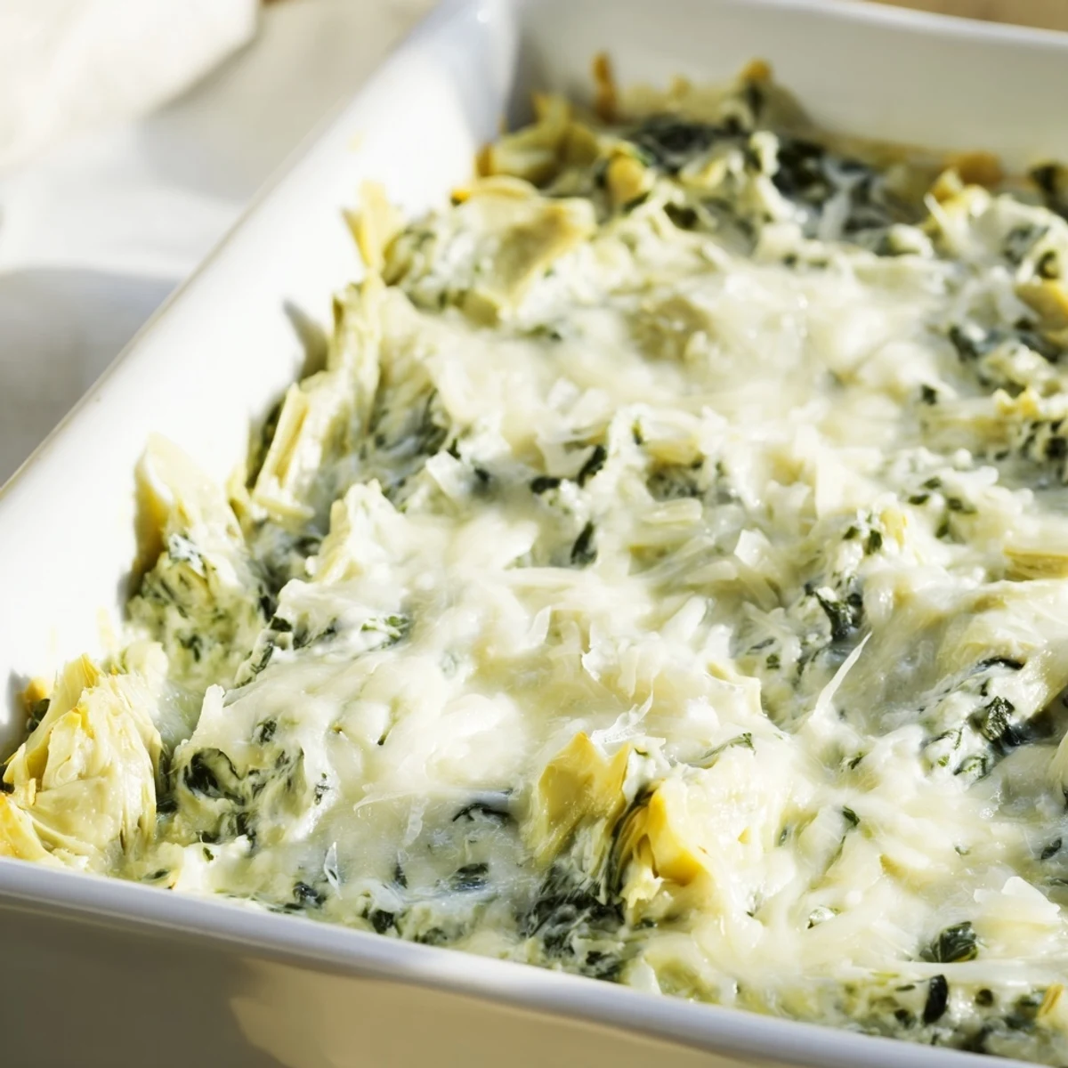Warm, bubbly Cheesy Spinach Artichoke Dip, fresh from the oven, ready to be scooped up.