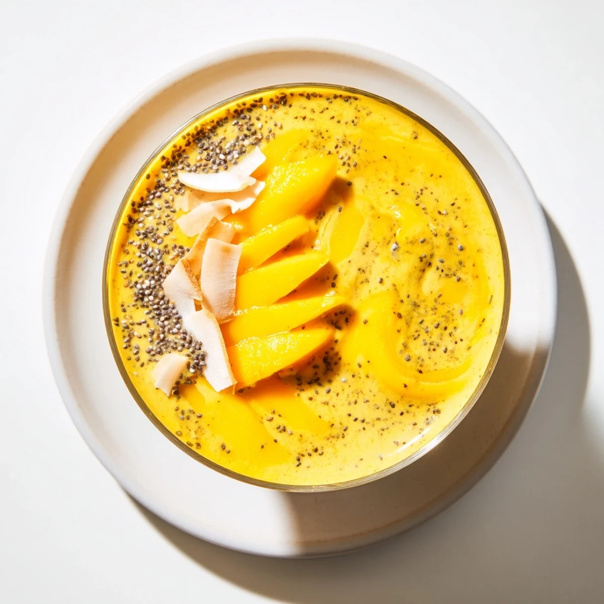 Creamy Mango Turmeric Smoothie, a bright yellow blend garnished with fresh mango slices.