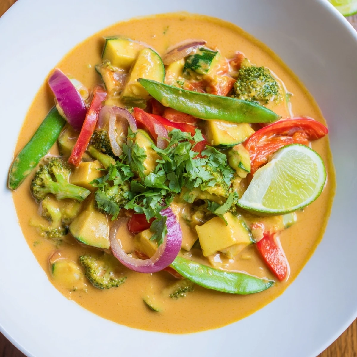Steaming hot Coconut Curry Vegetables bursting with colorful veggies and creamy coconut sauce.