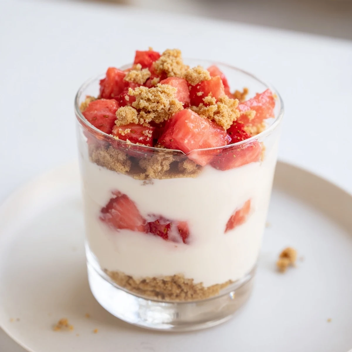 Strawberry Cheesecake Parfait layered in cups with fresh berries, offering a creamy, delicious dessert.