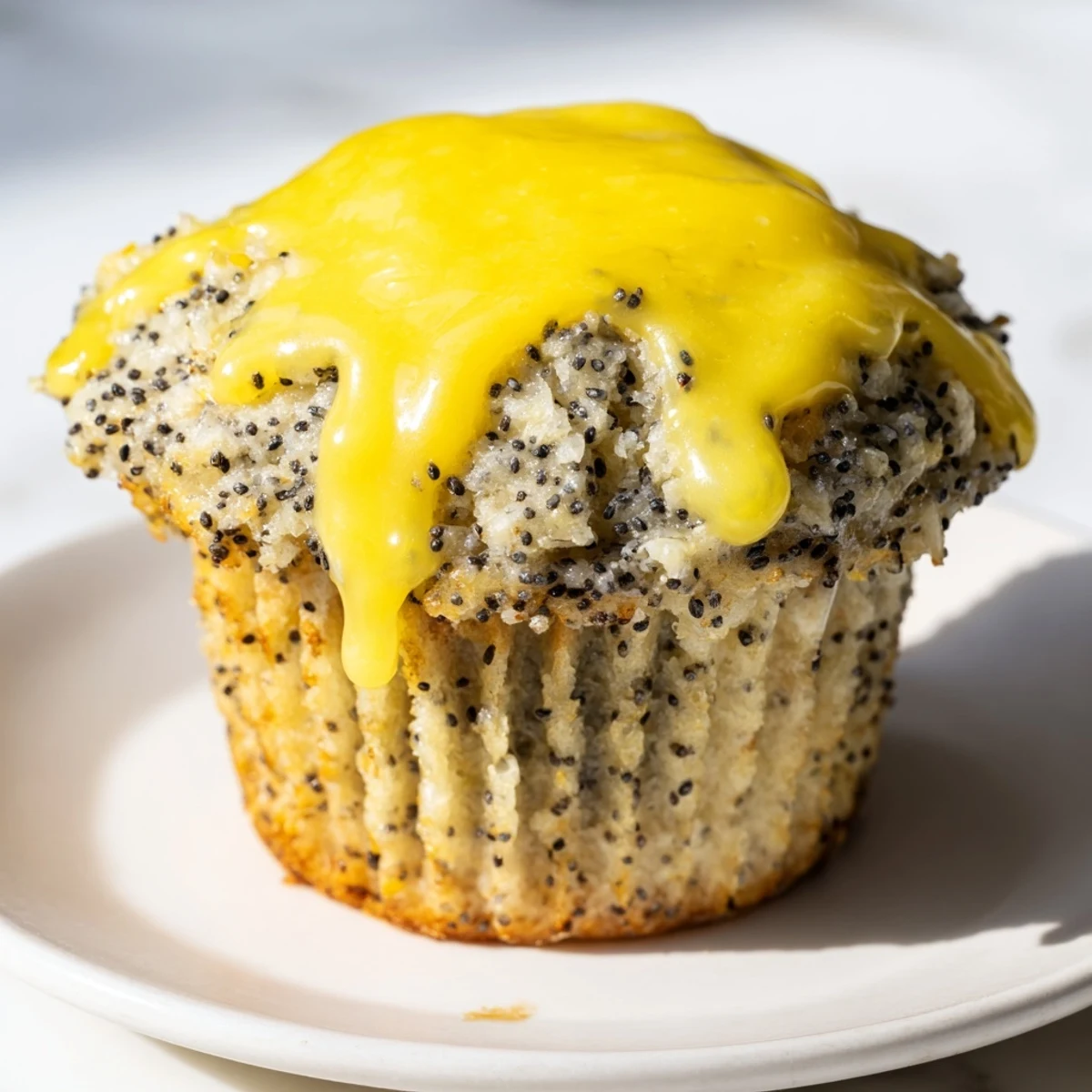 A close-up of freshly baked lemon poppy seed muffins, showing texture and poppy seed specks.