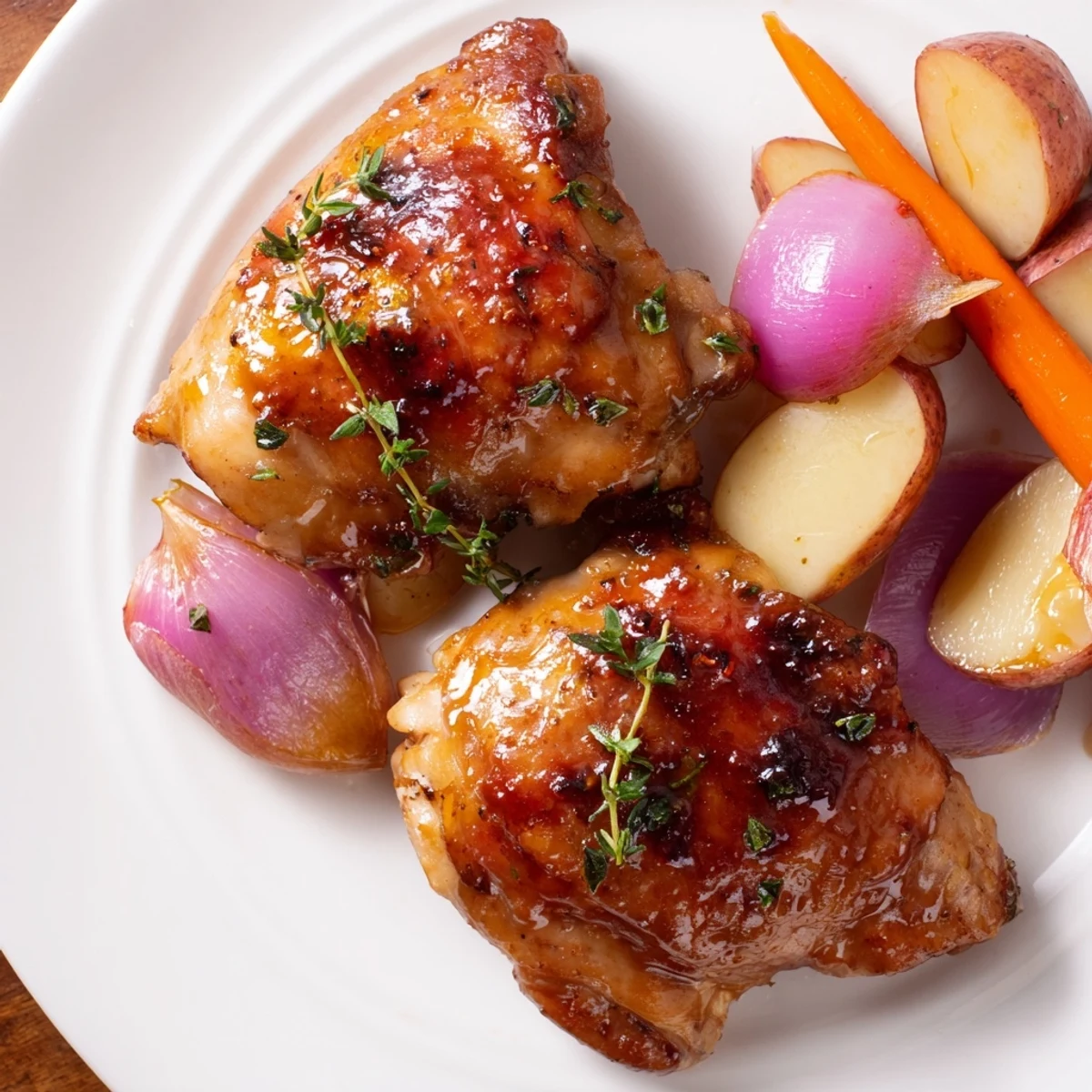 Golden brown Maple Dijon Chicken Thighs with roasted vegetables, ready for a flavorful bite.