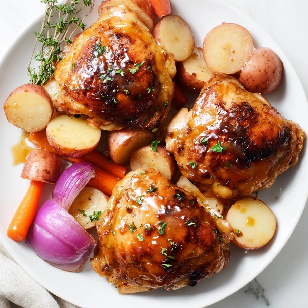 Sheet pan Maple Dijon Chicken Thighs sizzling with a sweet-tangy glaze, a weeknight dinner!