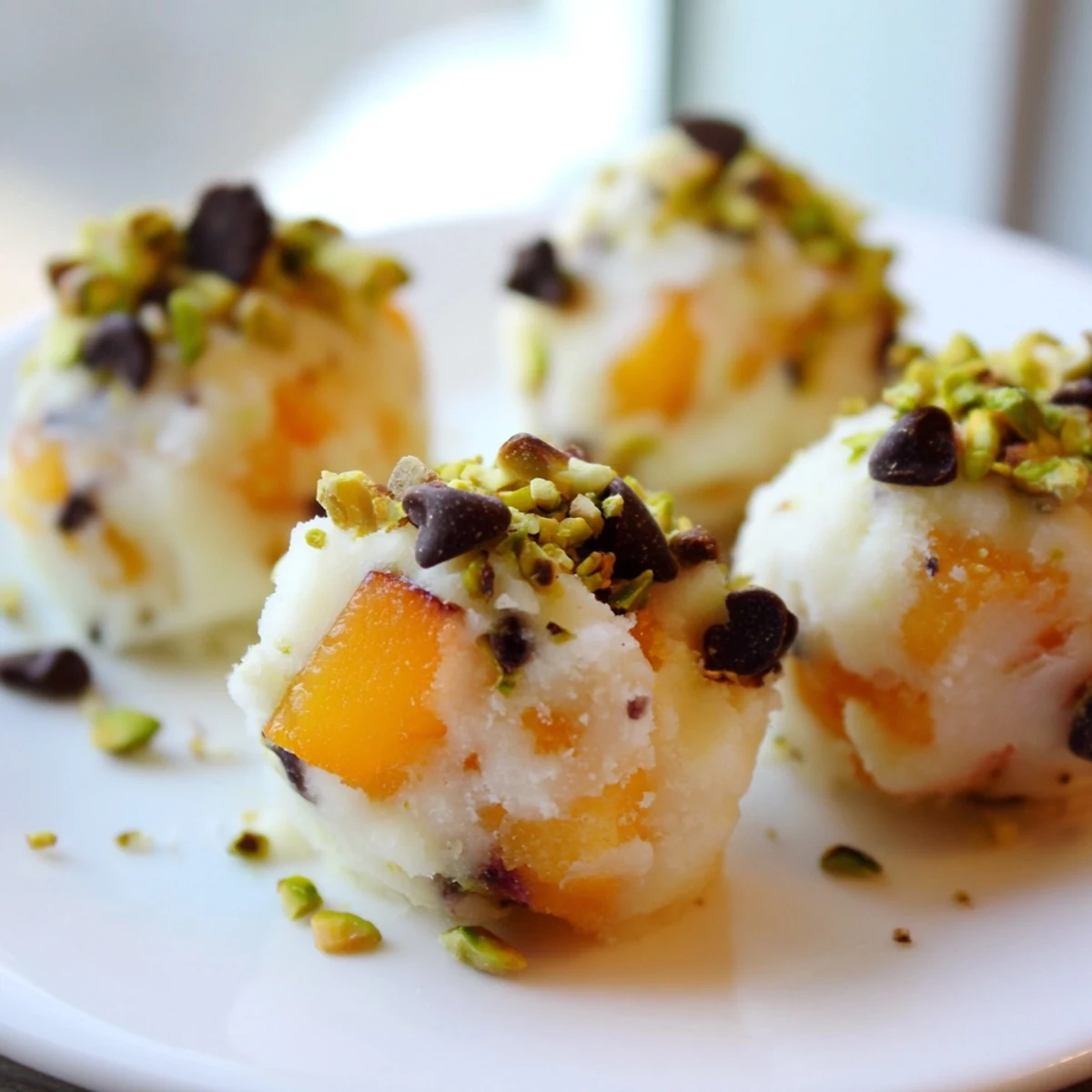 Creamy frozen peach yogurt bites, studded with fresh diced peaches, a cooling and delightful dessert.