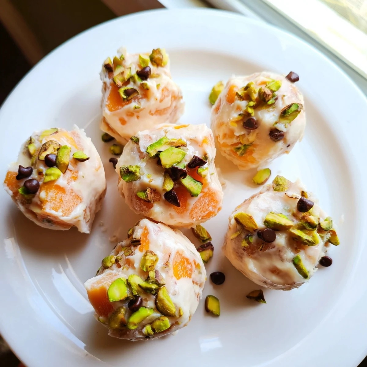 These homemade frozen peach yogurt bites look refreshing, boasting a vibrant peach color and smooth texture.