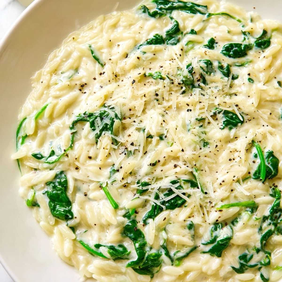 This creamy spinach orzo dish presents tender pasta in a rich, velvety sauce, a perfect dinner.