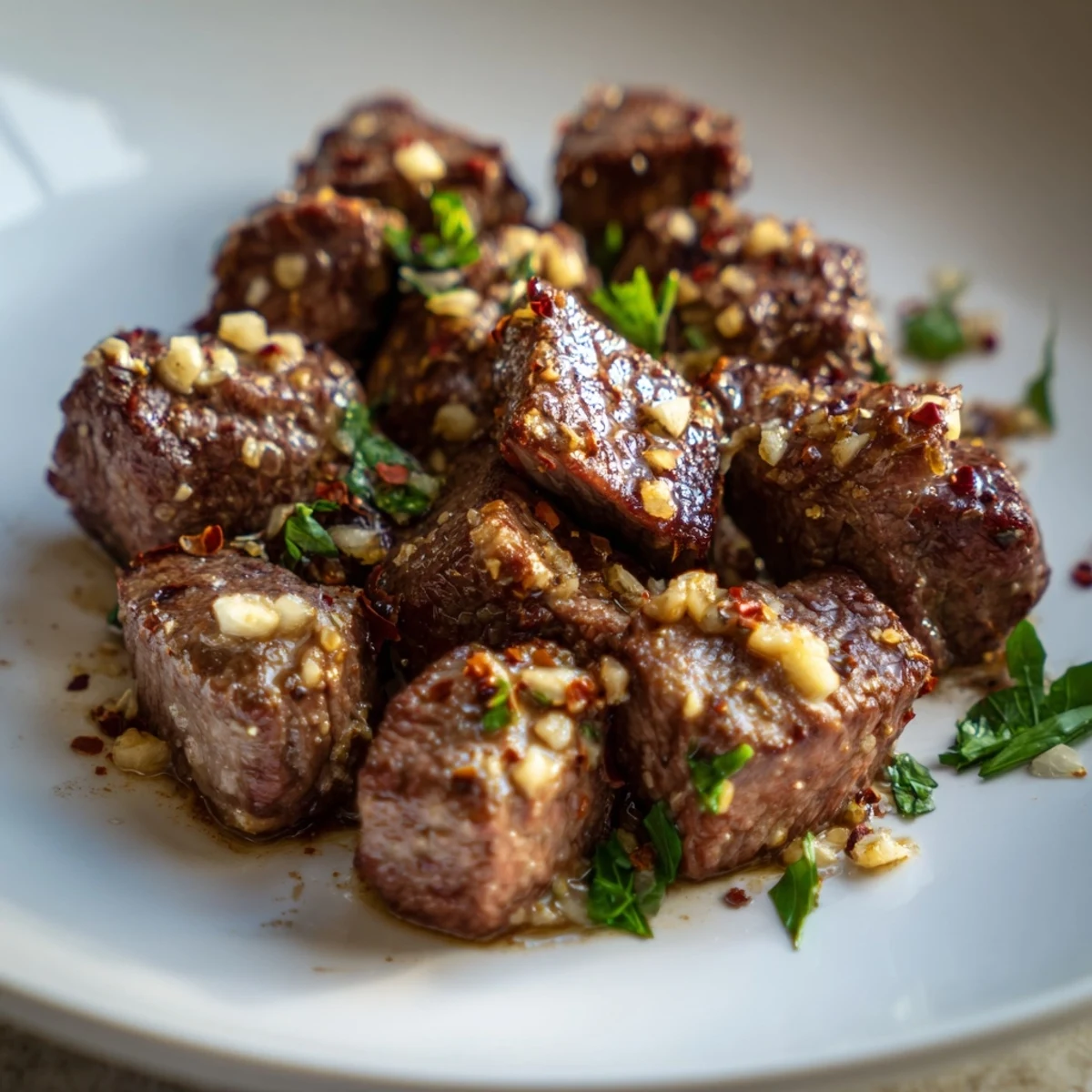 Golden-brown Garlic Butter Steak Bites, perfectly seared and coated in a rich garlic butter.