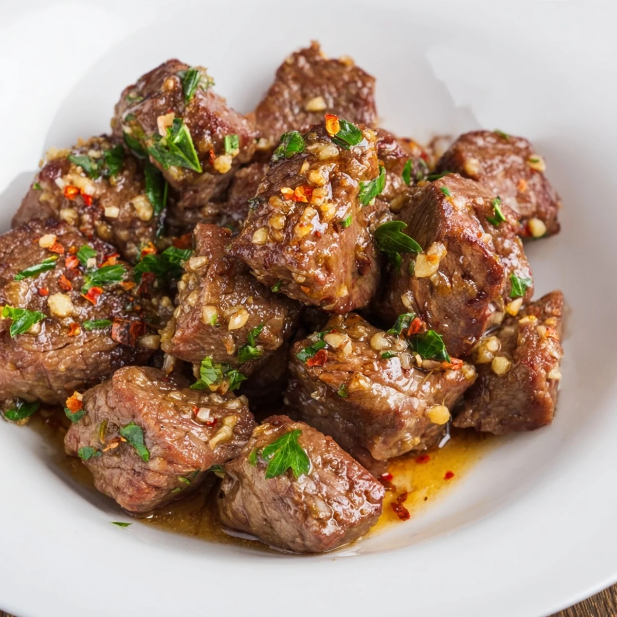 Appetizing close-up of tender Garlic Butter Steak Bites, served with fresh parsley garnish.