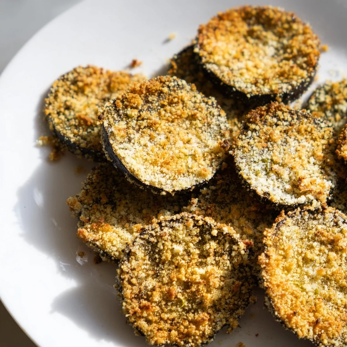 Golden-brown crispy Eggplant Parmesan Chips are arranged on a baking sheet, ready to serve as a snack.