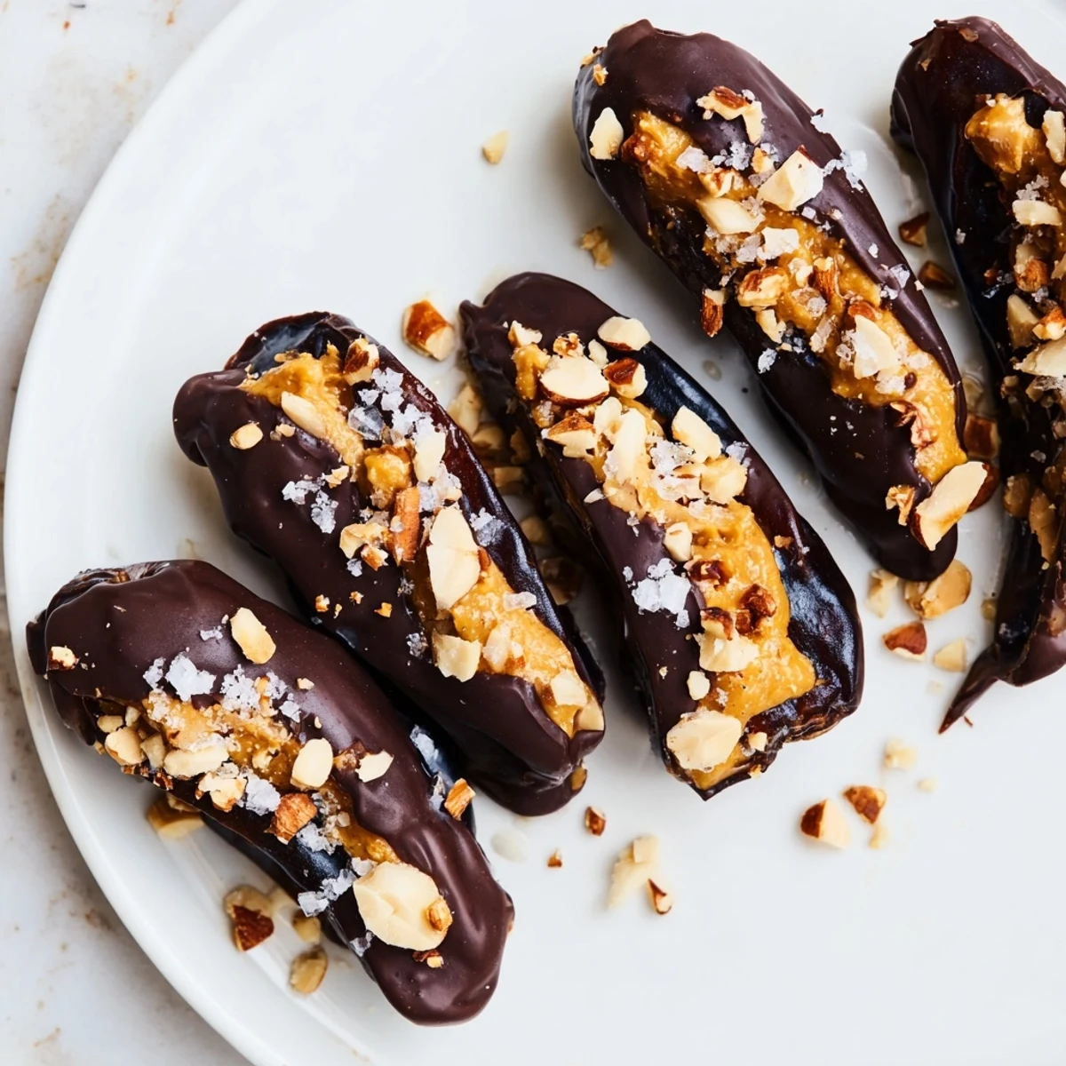 Close-up of a Chocolate Date Snickers, with peanut butter filling, ready to be enjoyed.