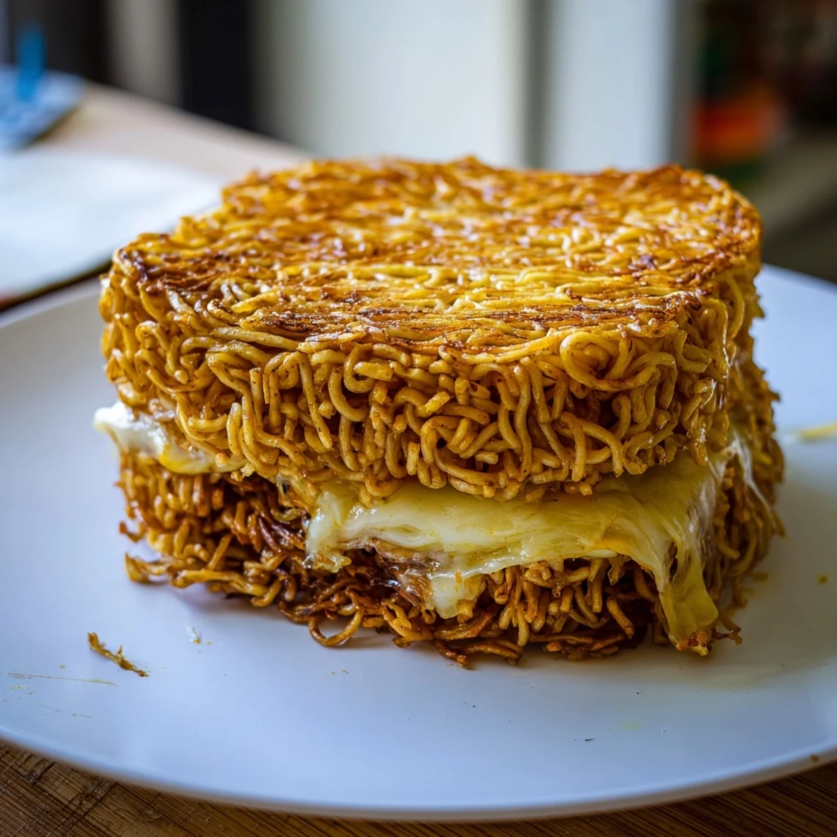 Golden, crispy Ramen Grilled Cheese oozing with melted cheddar and mozzarella, ready to be enjoyed.