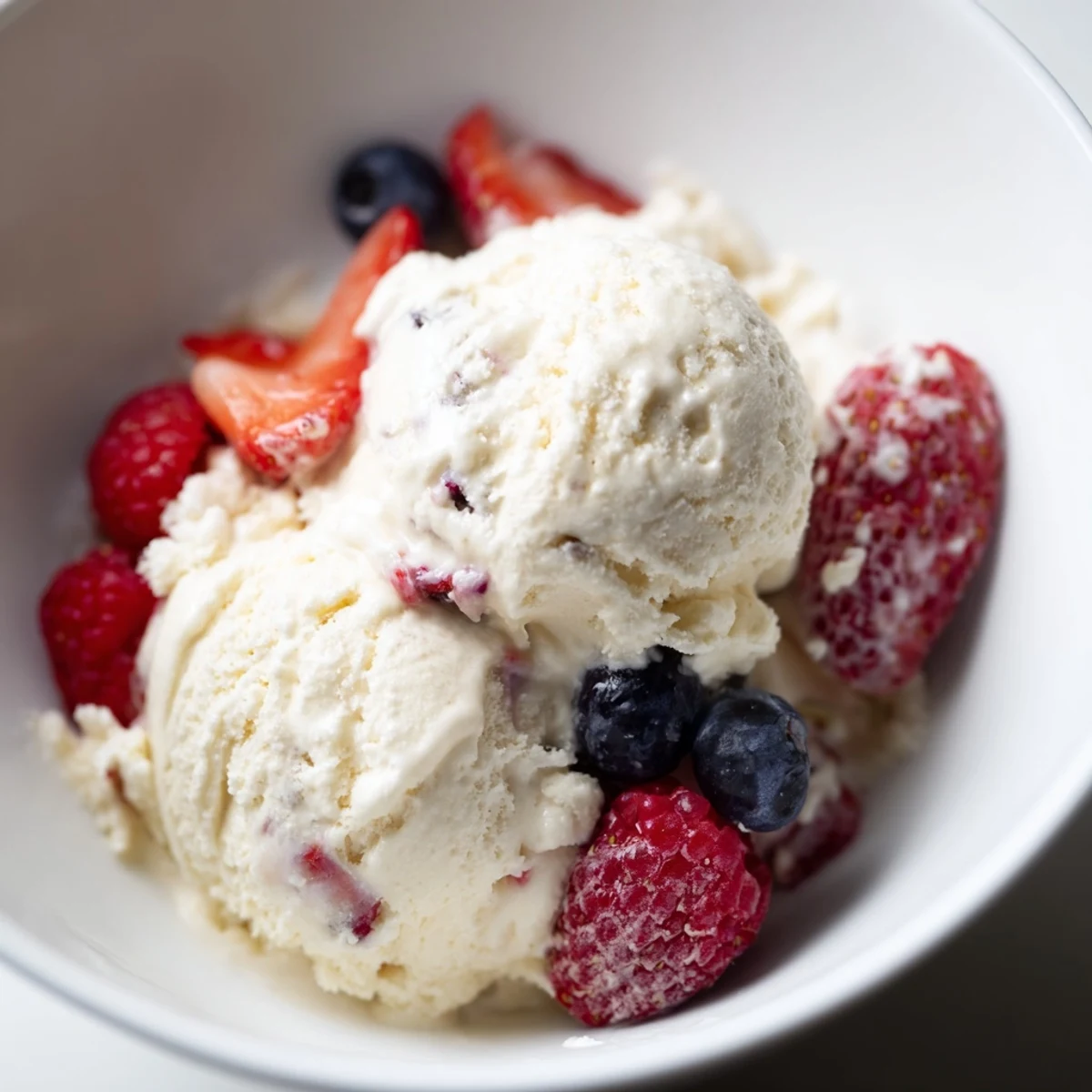 Creamy cottage cheese ice cream, swirled with berries, perfect for a refreshing, protein-packed dessert.