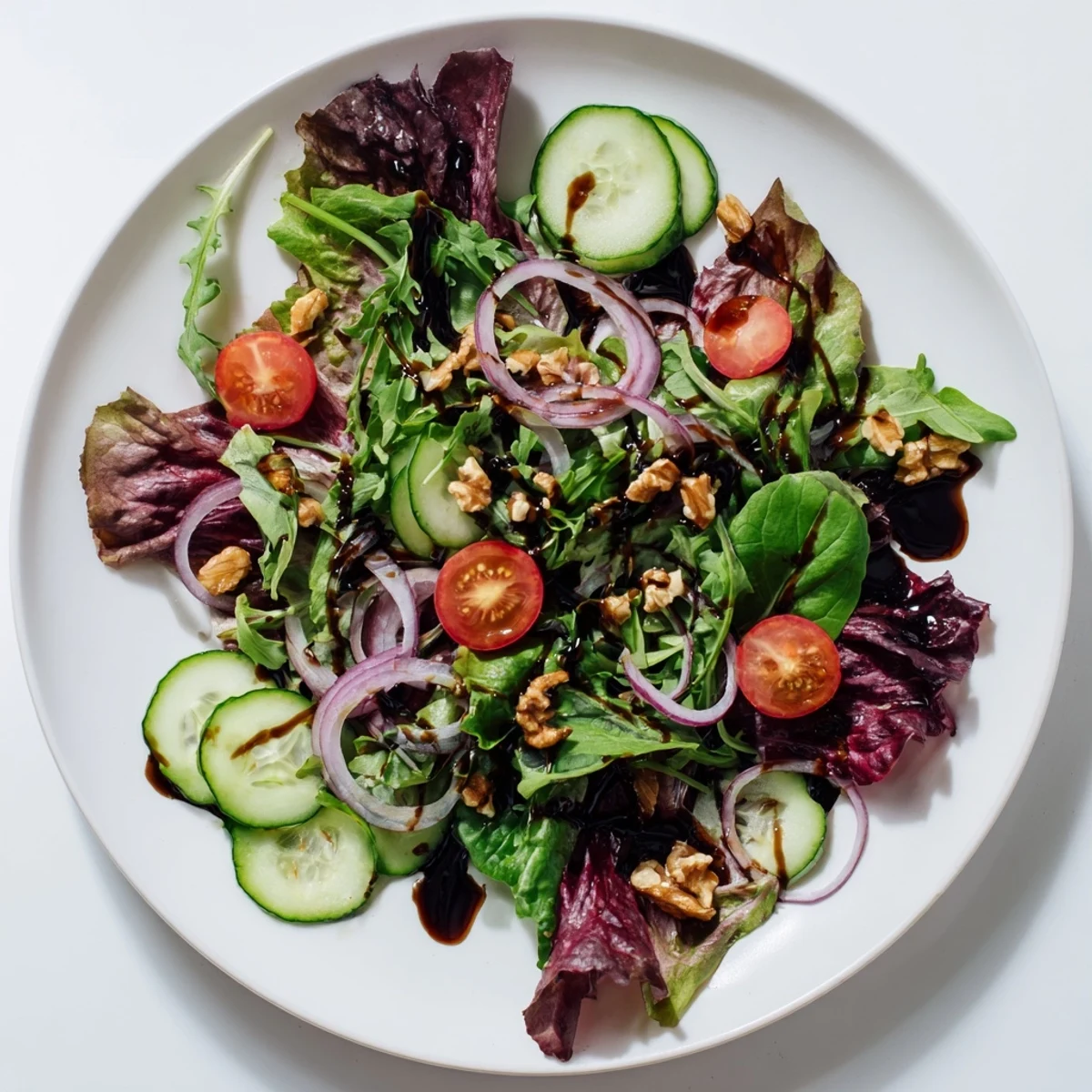 A close-up view of the Quick Balsamic Vinegar Salad with a glistening, tangy dressing drizzled over it.