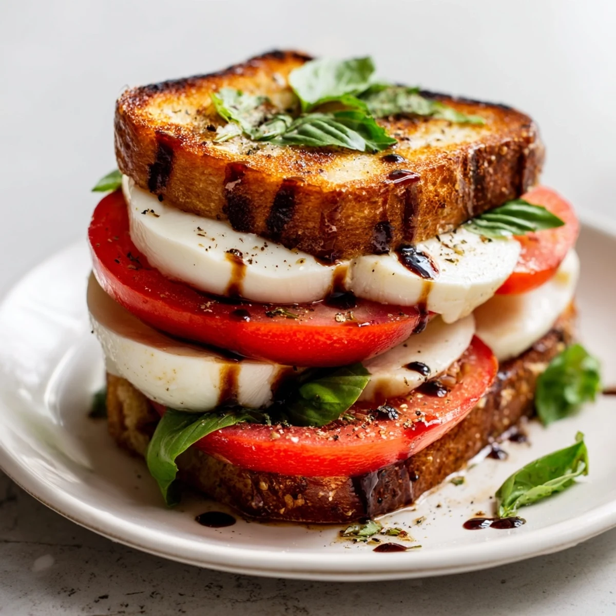 Delicious Caprese Salad Grilled Cheese: a warm, cheesy sandwich oozing with fresh basil and balsamic.