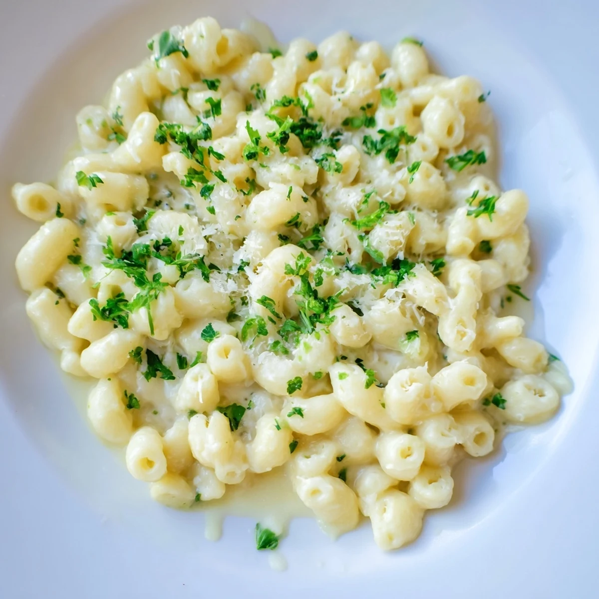 A close-up view of steaming, creamy garlic ditalini pasta, perfect for a cozy weeknight meal.