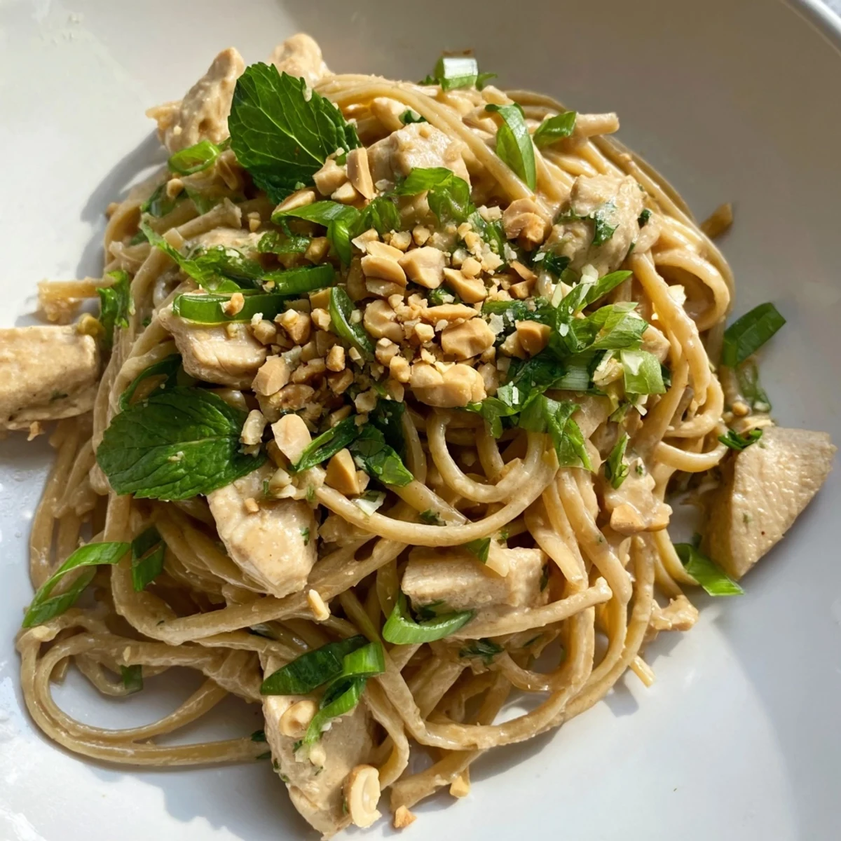 Thai Peanut Chicken Pasta, a delicious main dish, coated in creamy peanut sauce, ready to serve.