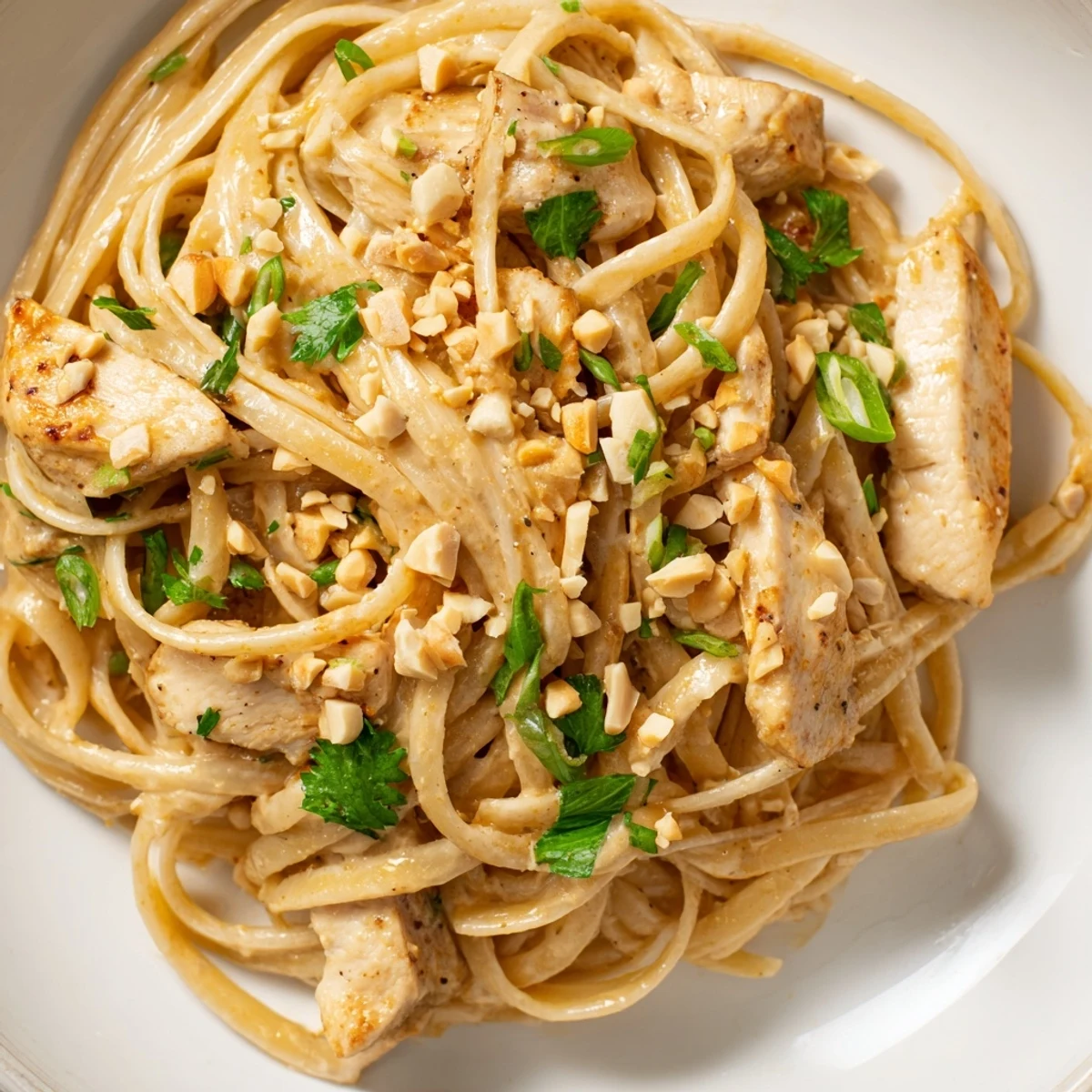 Tender chicken and pasta coated in savory Thai Peanut Chicken Pasta, garnished with fresh herbs and peanuts.